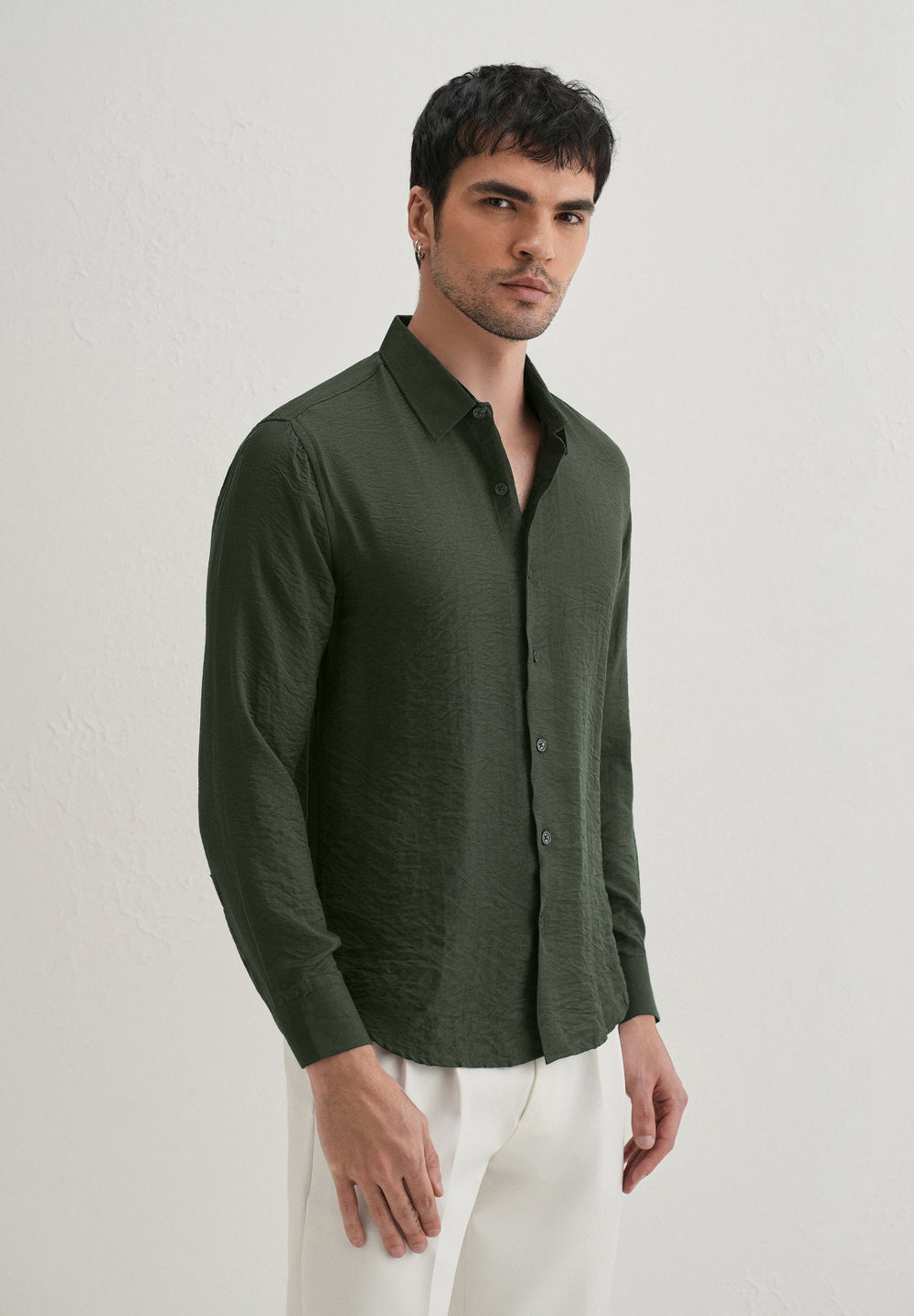 Olive Plain Crushed Satin Shirt