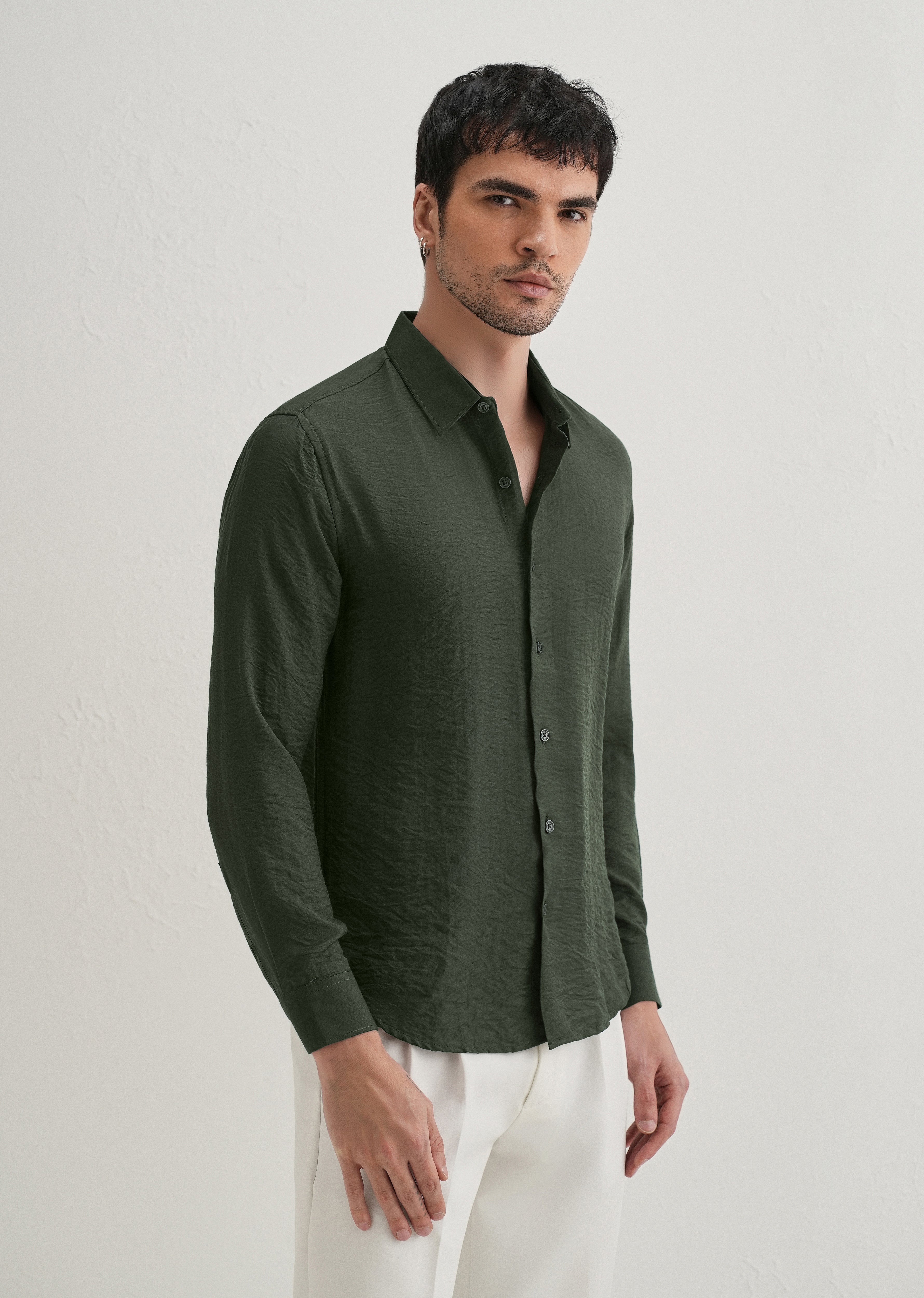 Olive Plain Crushed Satin Shirt