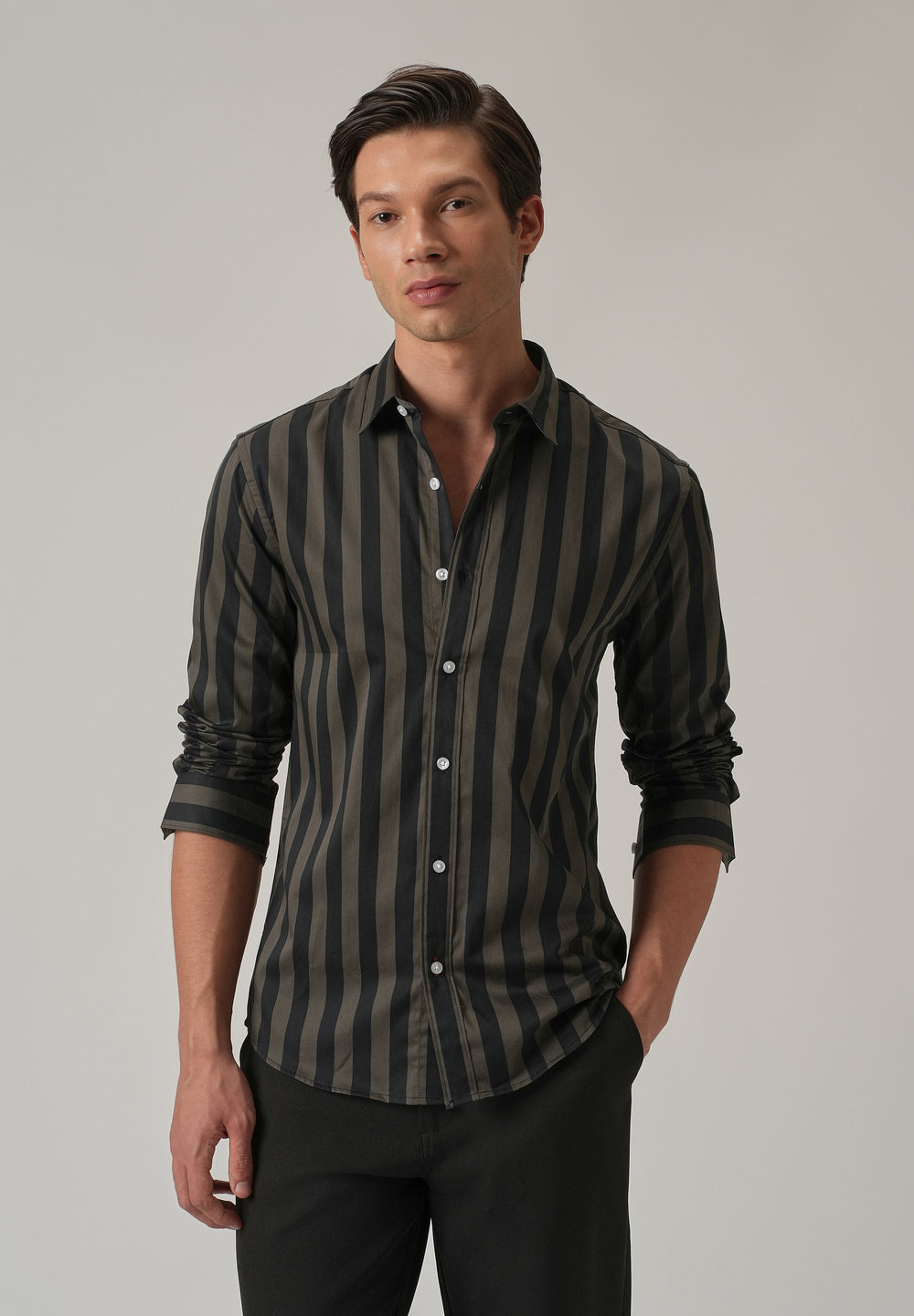 Olive Satin Striped Shirt