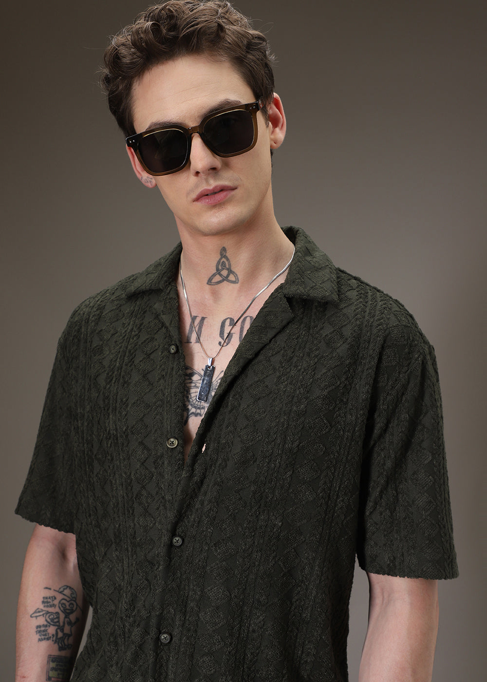 Olive Jacquard Towelling Camp Shirt