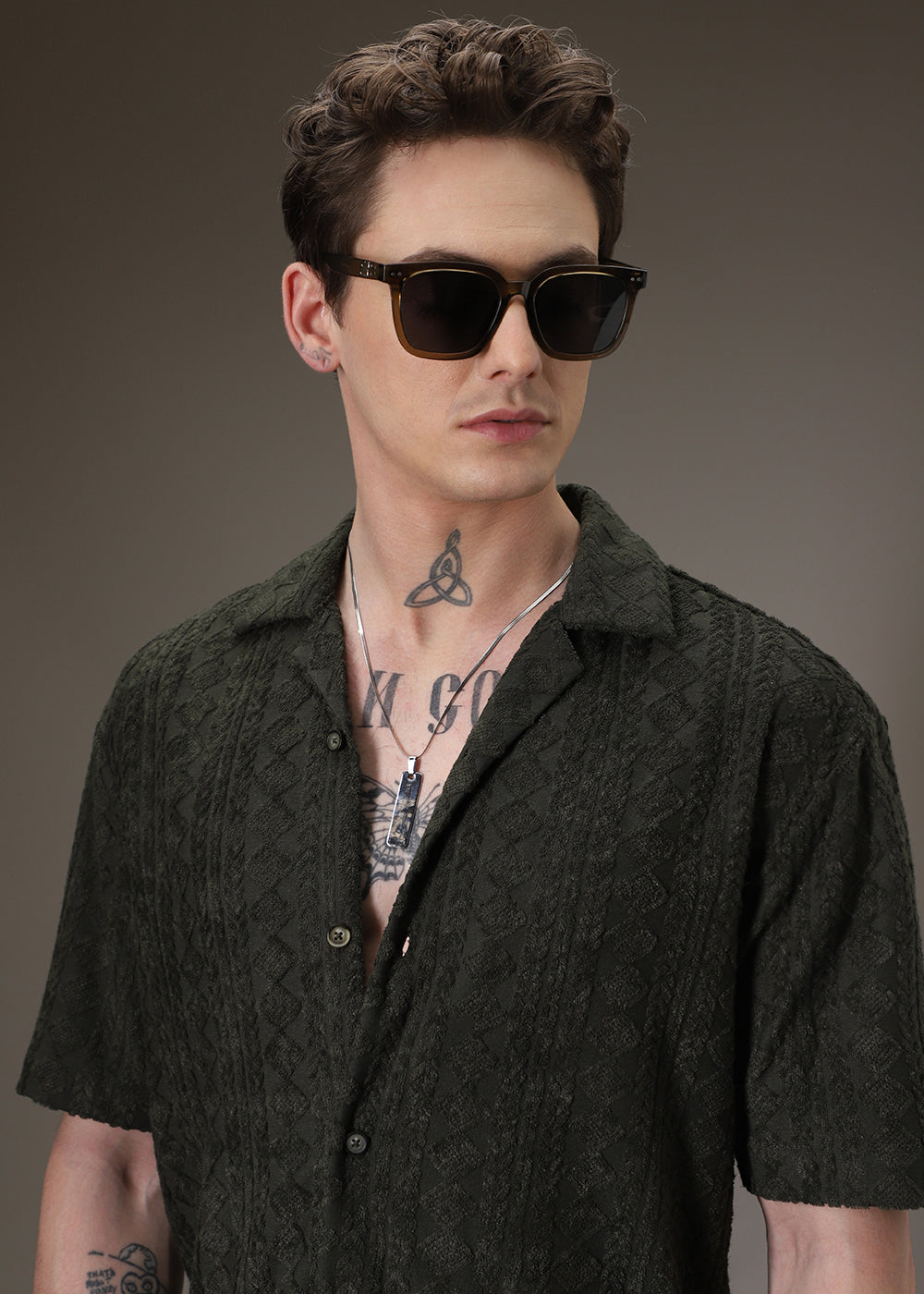 Olive Jacquard Towelling Camp Shirt