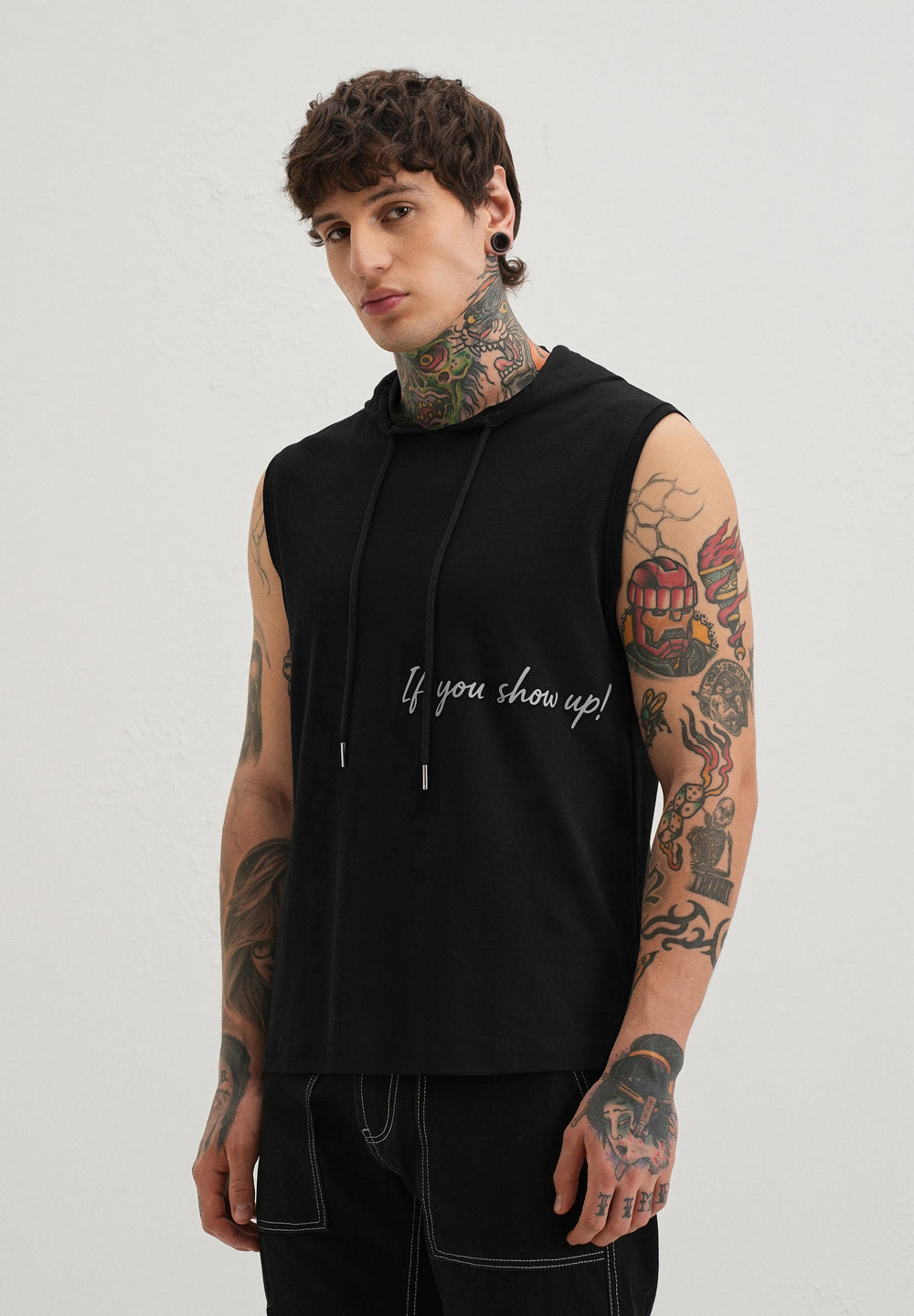 Onyx Black Typography Printed Hoodie Tank