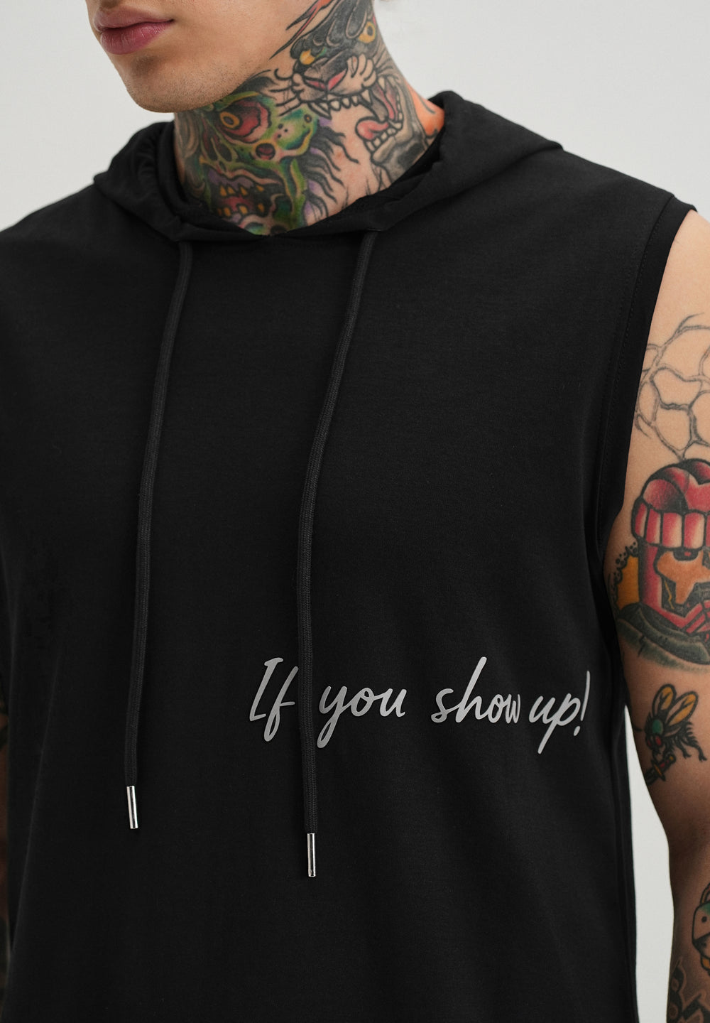 Onyx Black Typography Printed Hoodie Tank