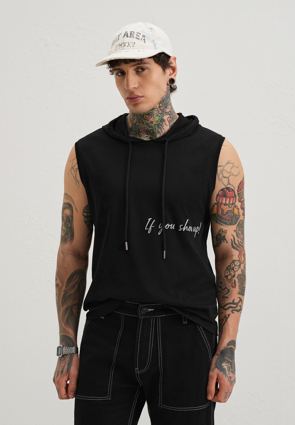 Onyx Black Typography Printed Hoodie Tank