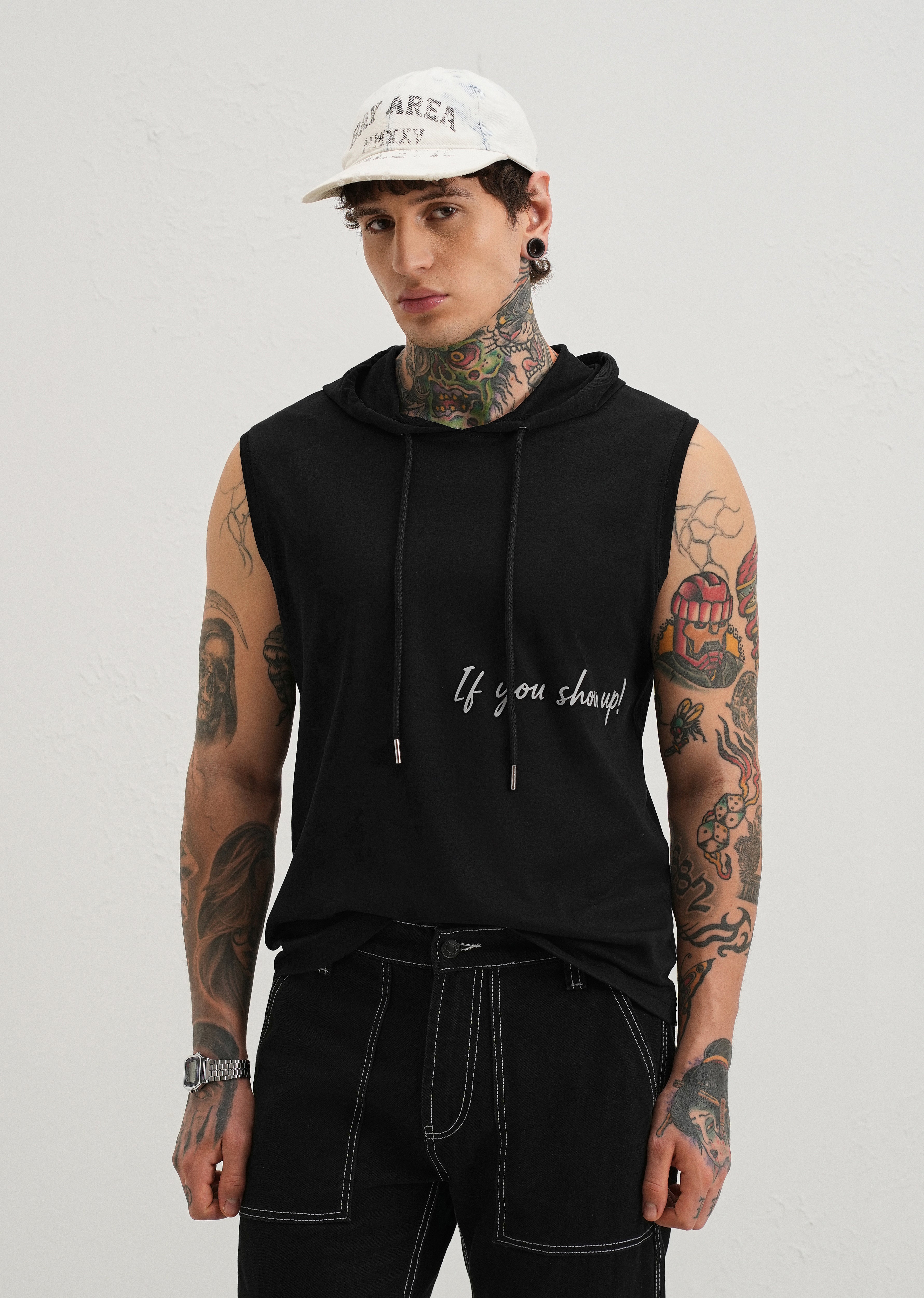 Onyx Black Typography Printed Hoodie Tank