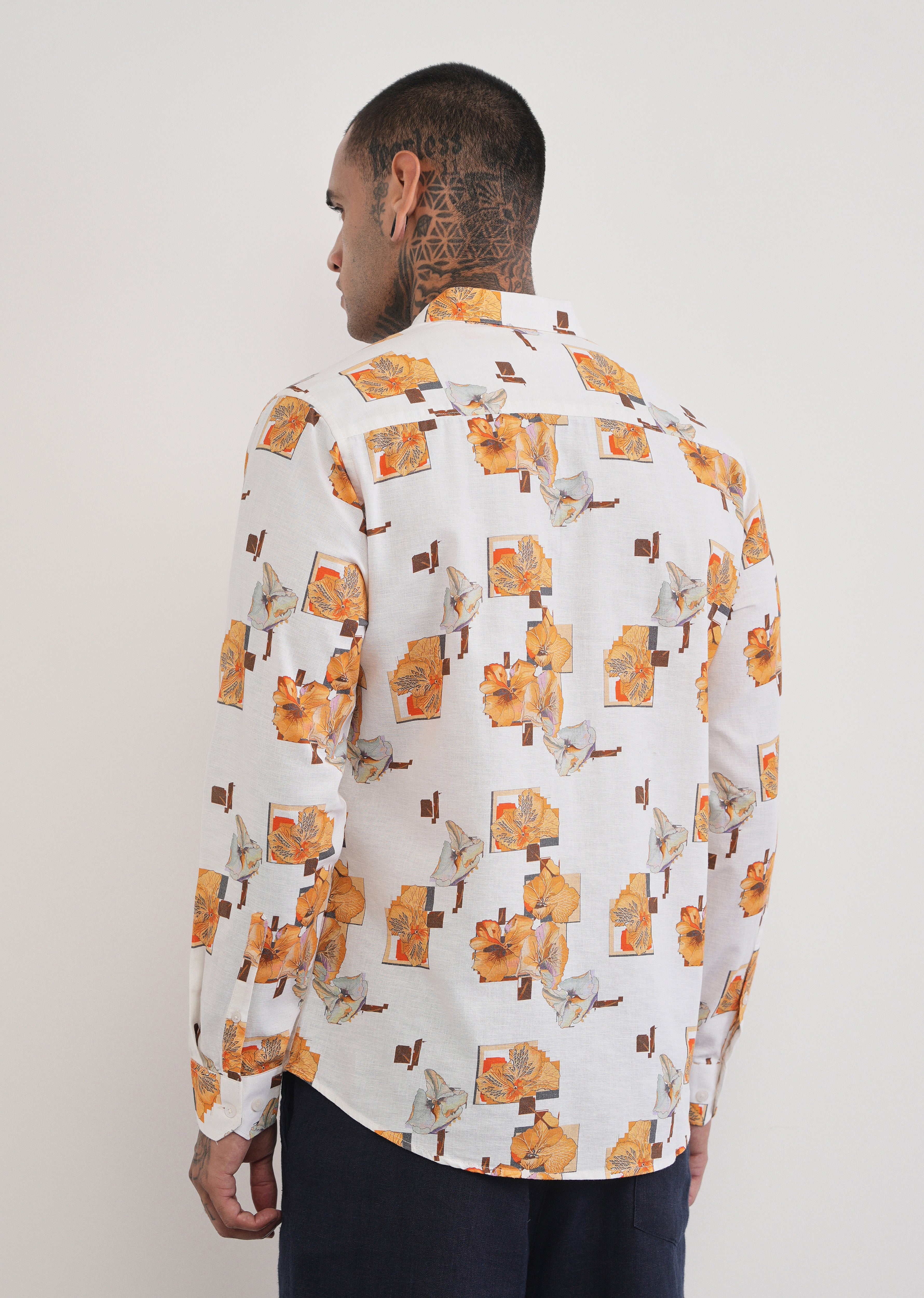 Orange Floral Print Cotton Linen Shirt