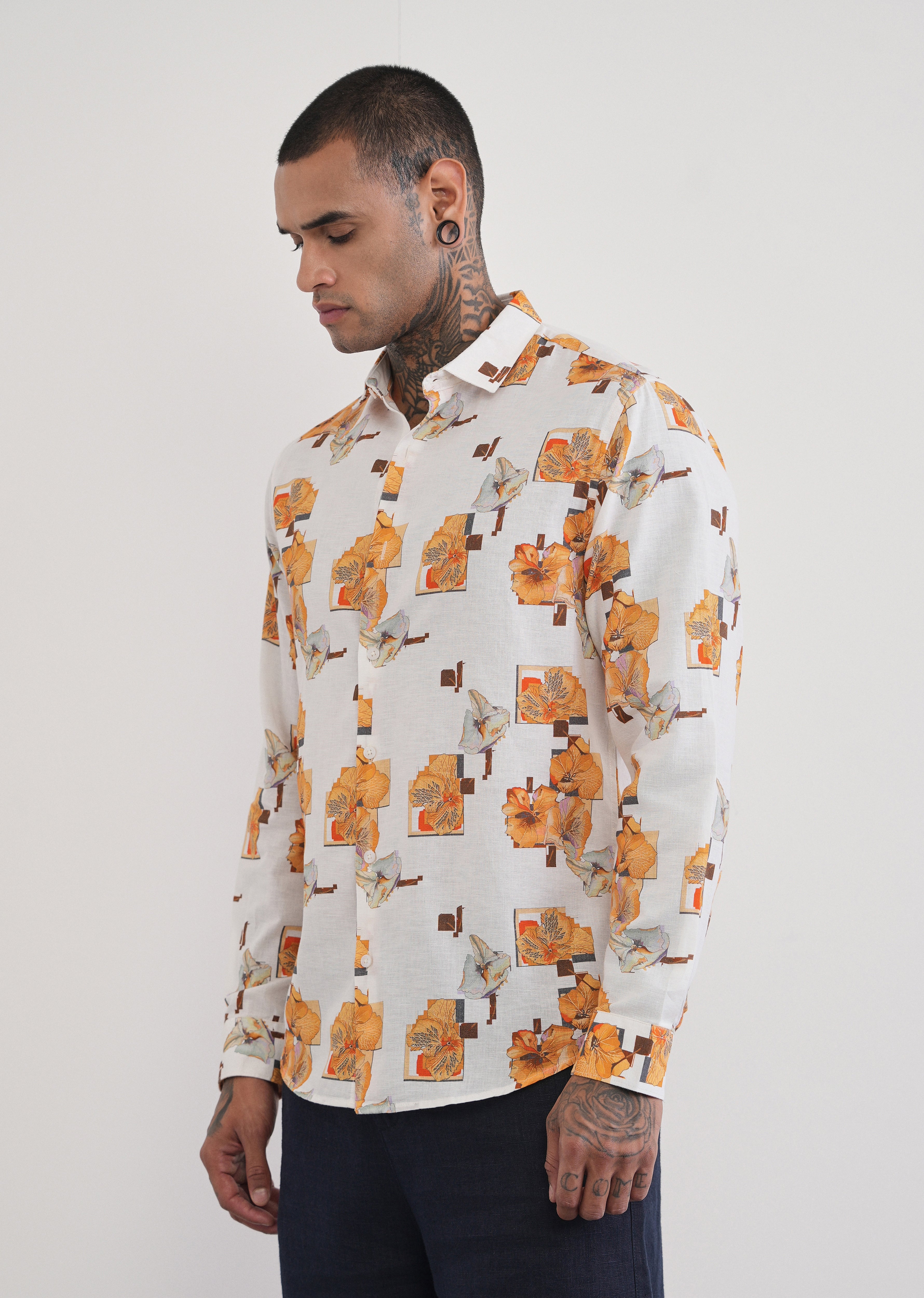 Orange Floral Print Cotton Linen Shirt