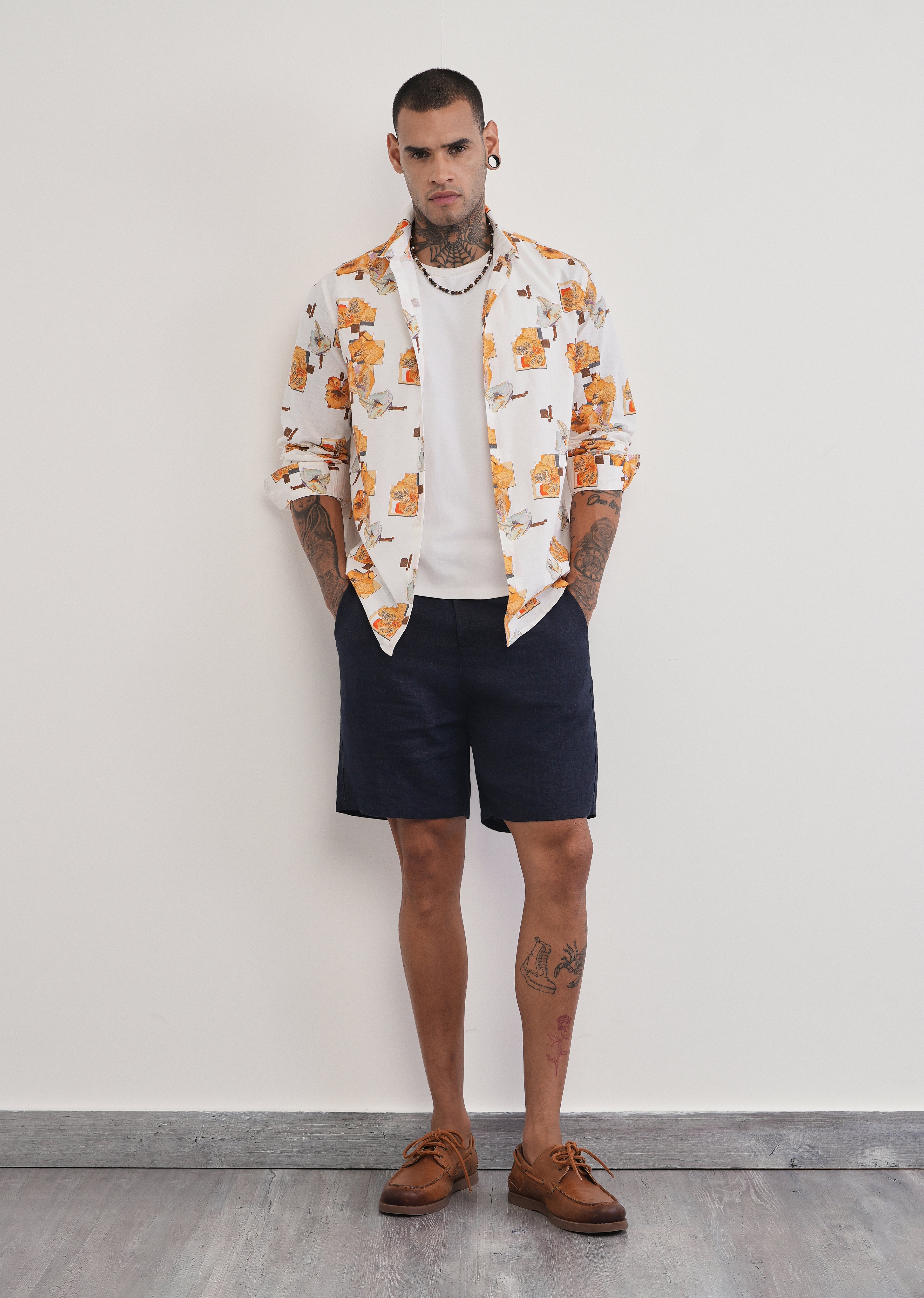 Orange Floral Print Cotton Linen Shirt