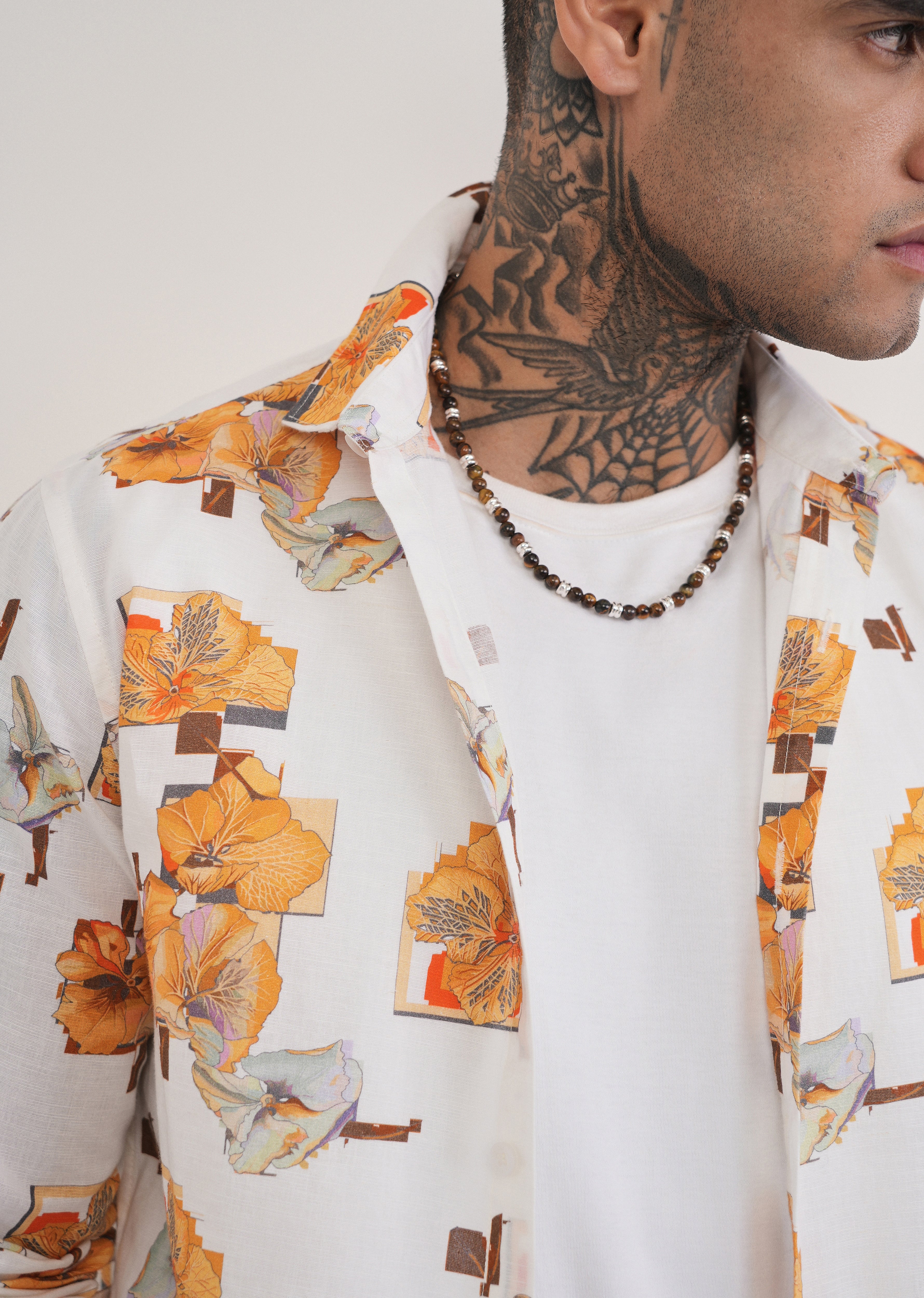 Orange Floral Print Cotton Linen Shirt