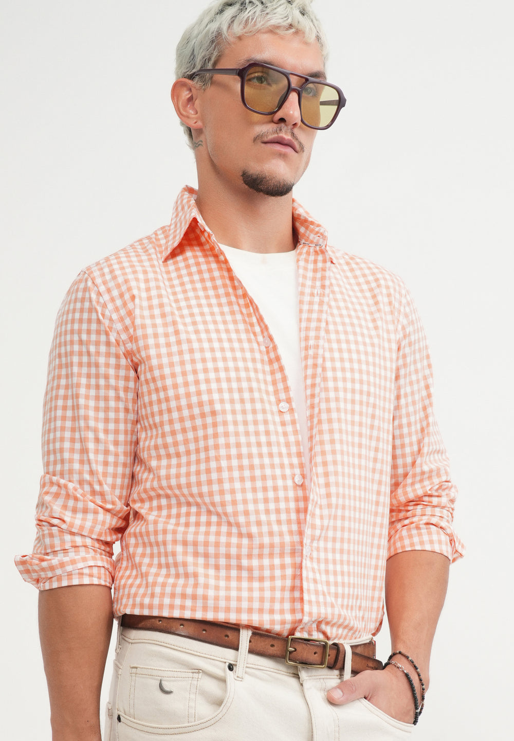 Orange Gingham Check Cotton Shirt