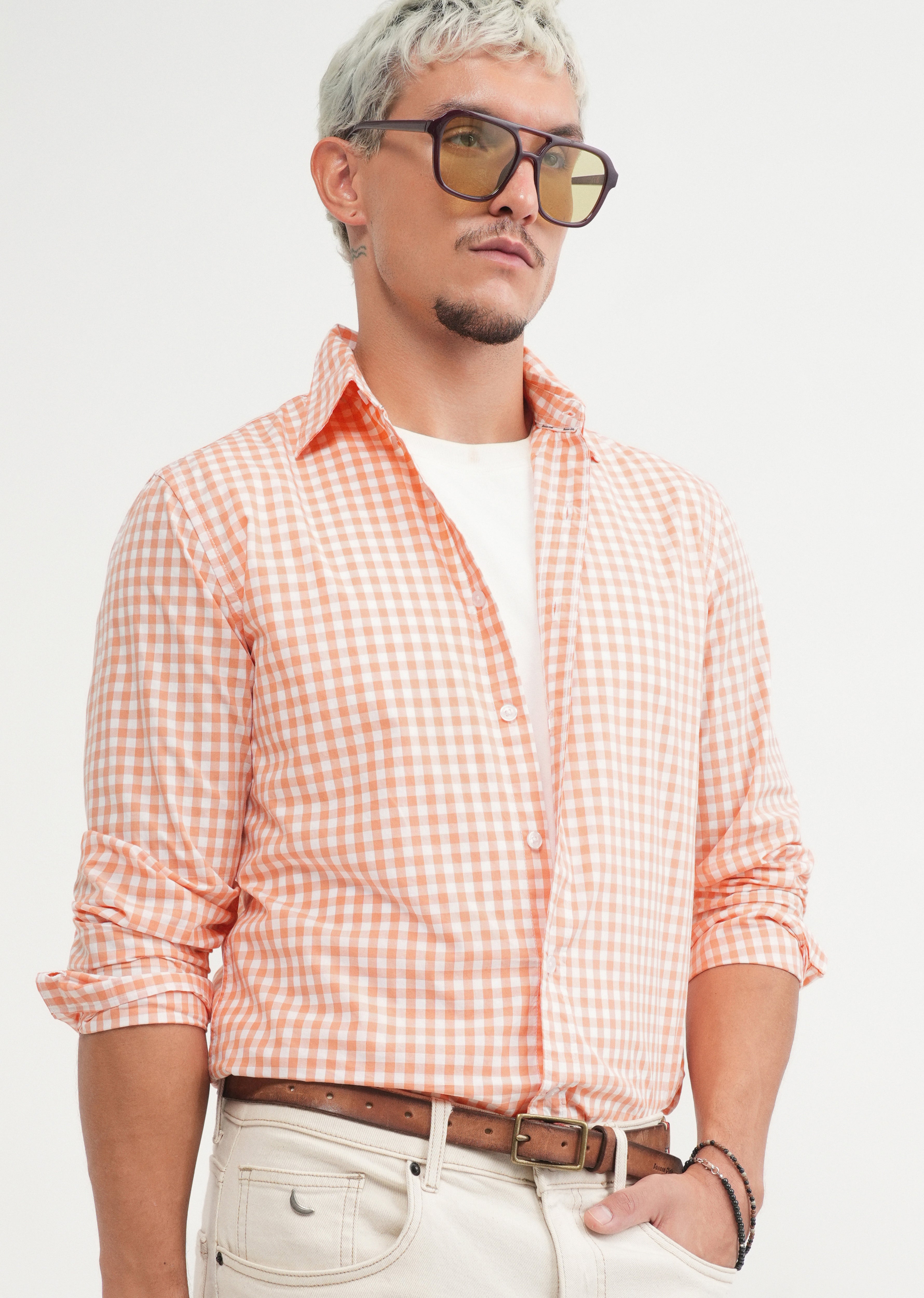 Orange Gingham Check Cotton Shirt
