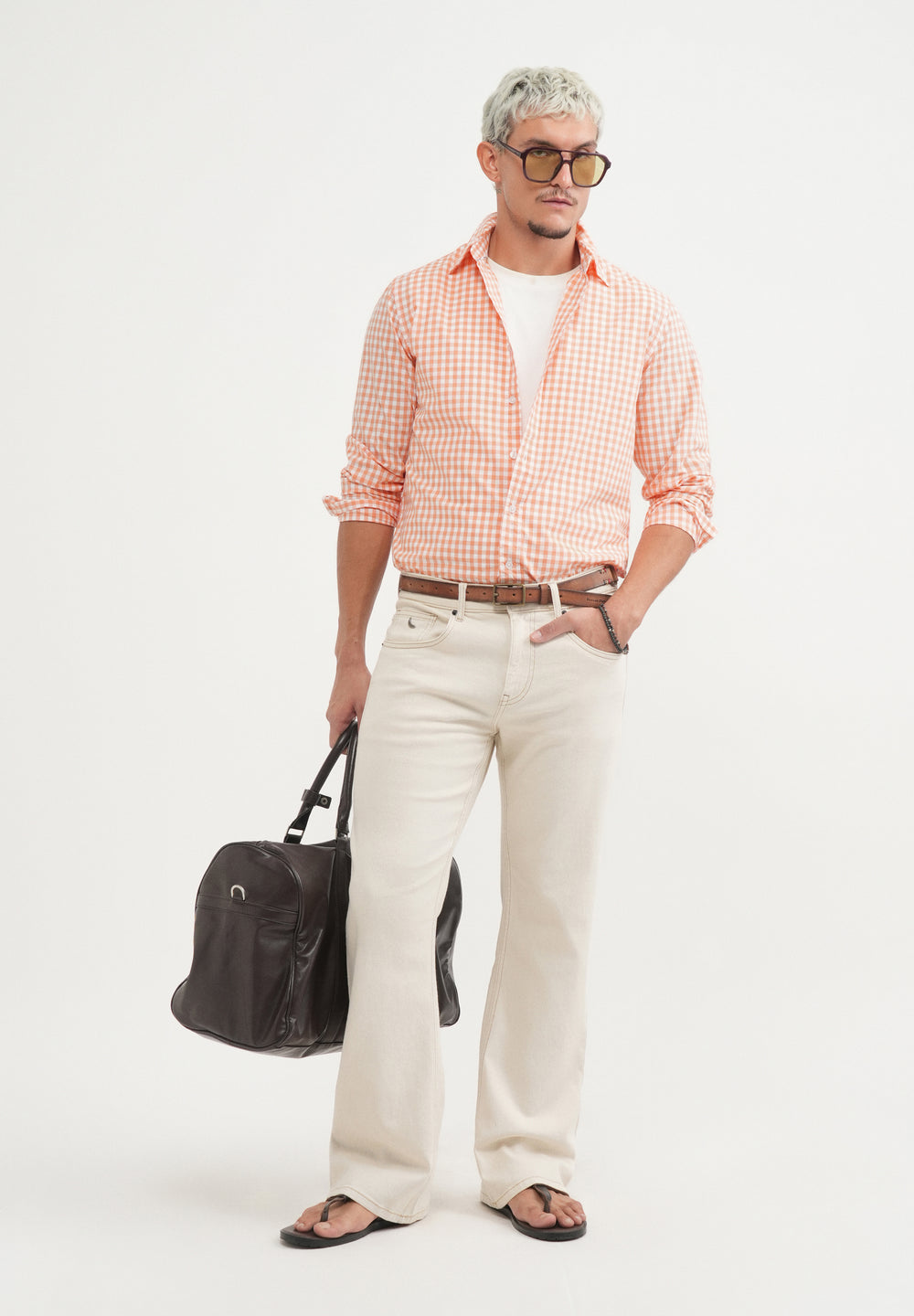 Orange Gingham Check Cotton Shirt