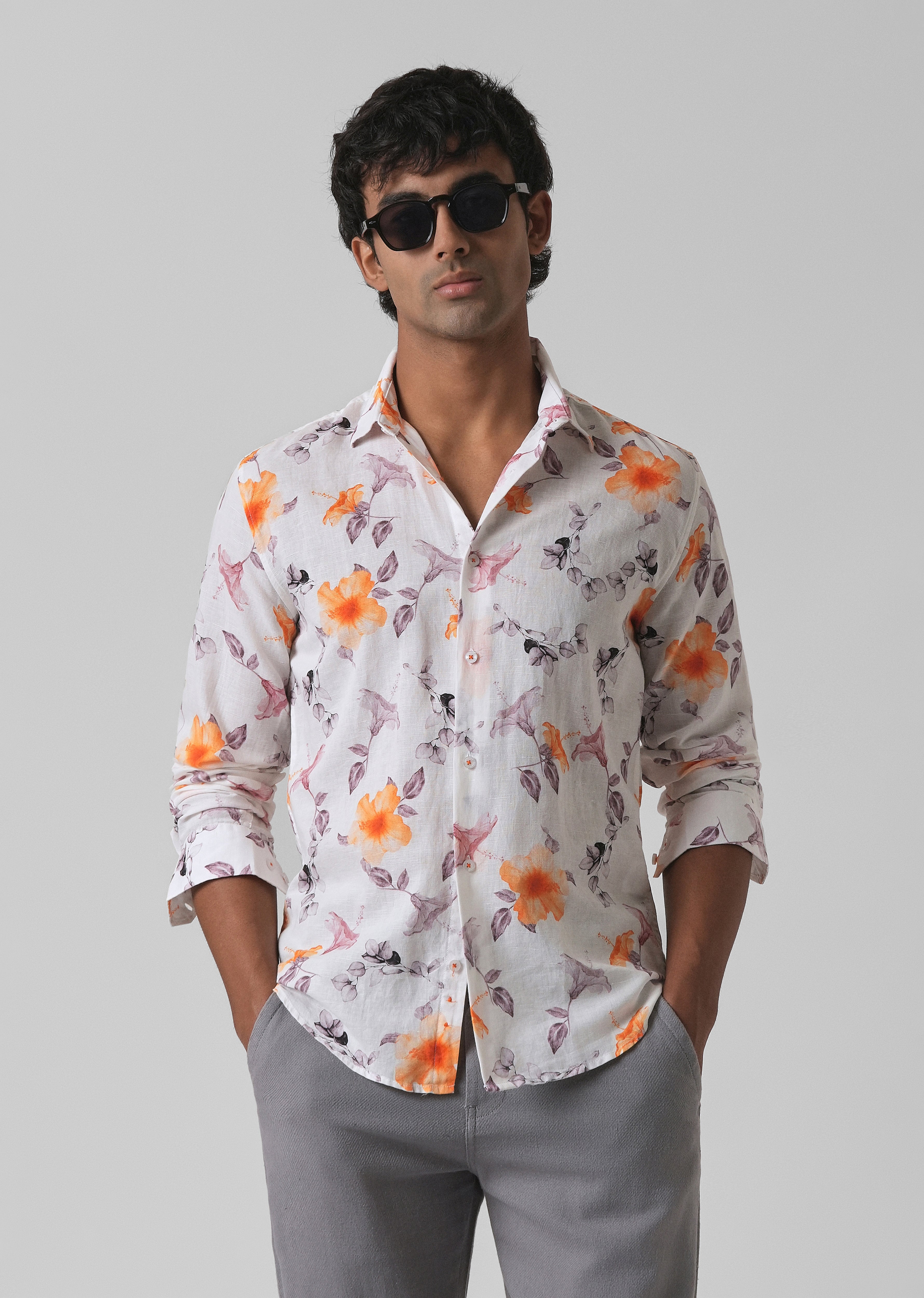 Orange Hibiscus Printed Cotton Linen Shirt