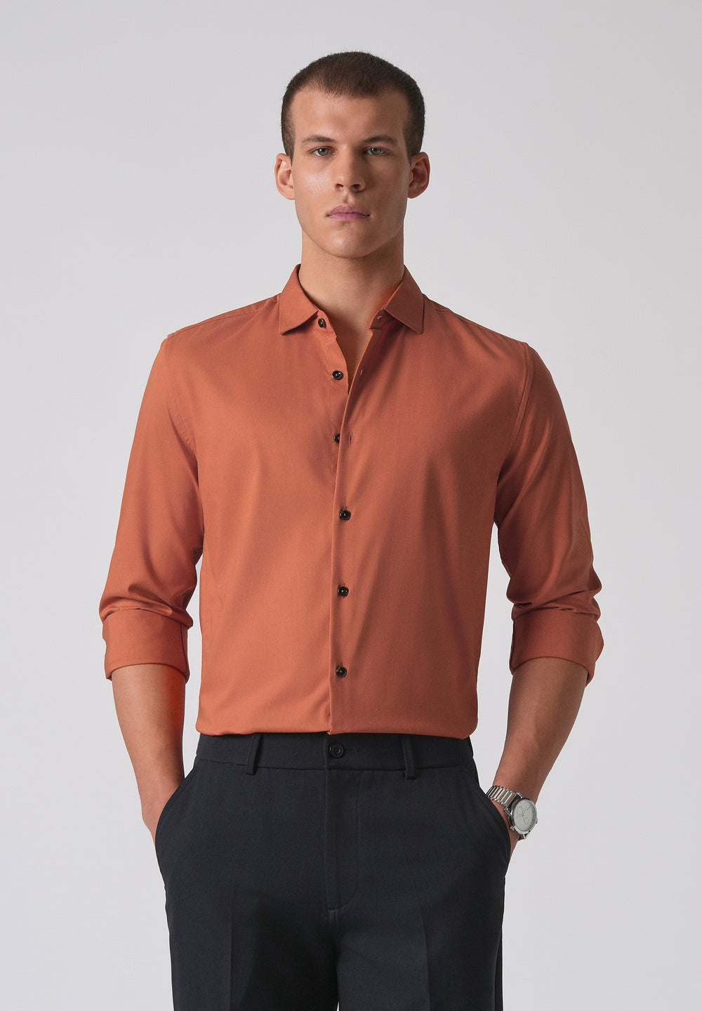 Orange Cotton Stretch Plain Shirt