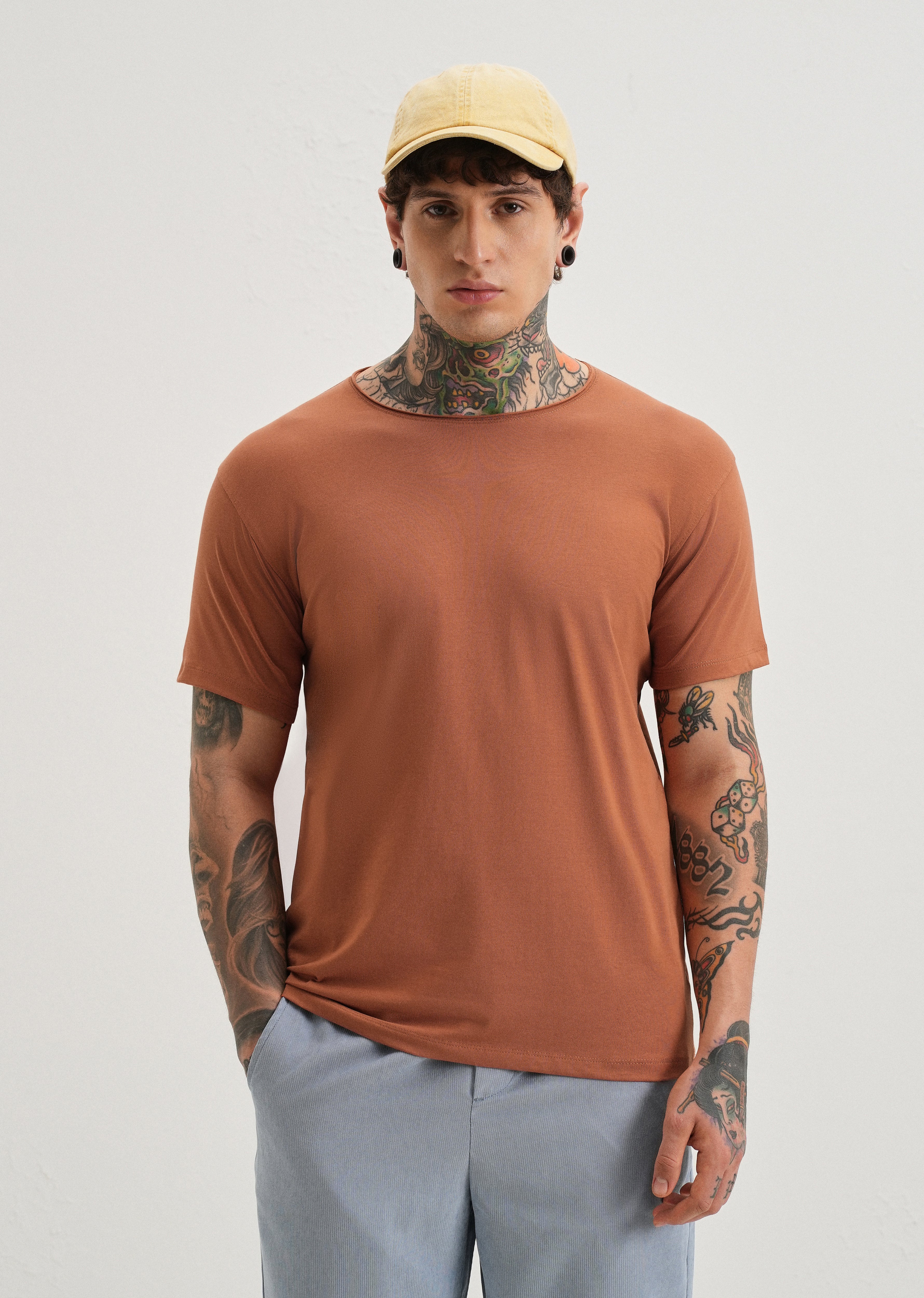 Orange Plain Crew neck T-shirt