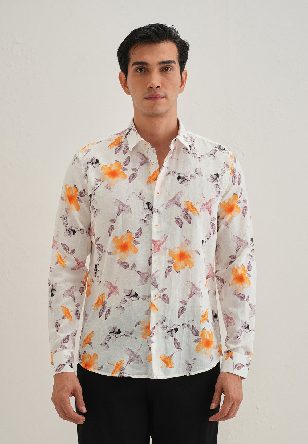 Orange Hibiscus Printed Cotton Linen Shirt