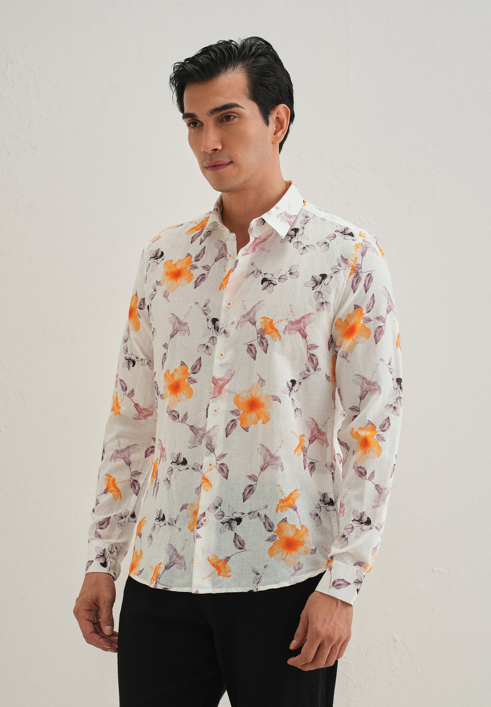 Orange Hibiscus Printed Cotton Linen Shirt