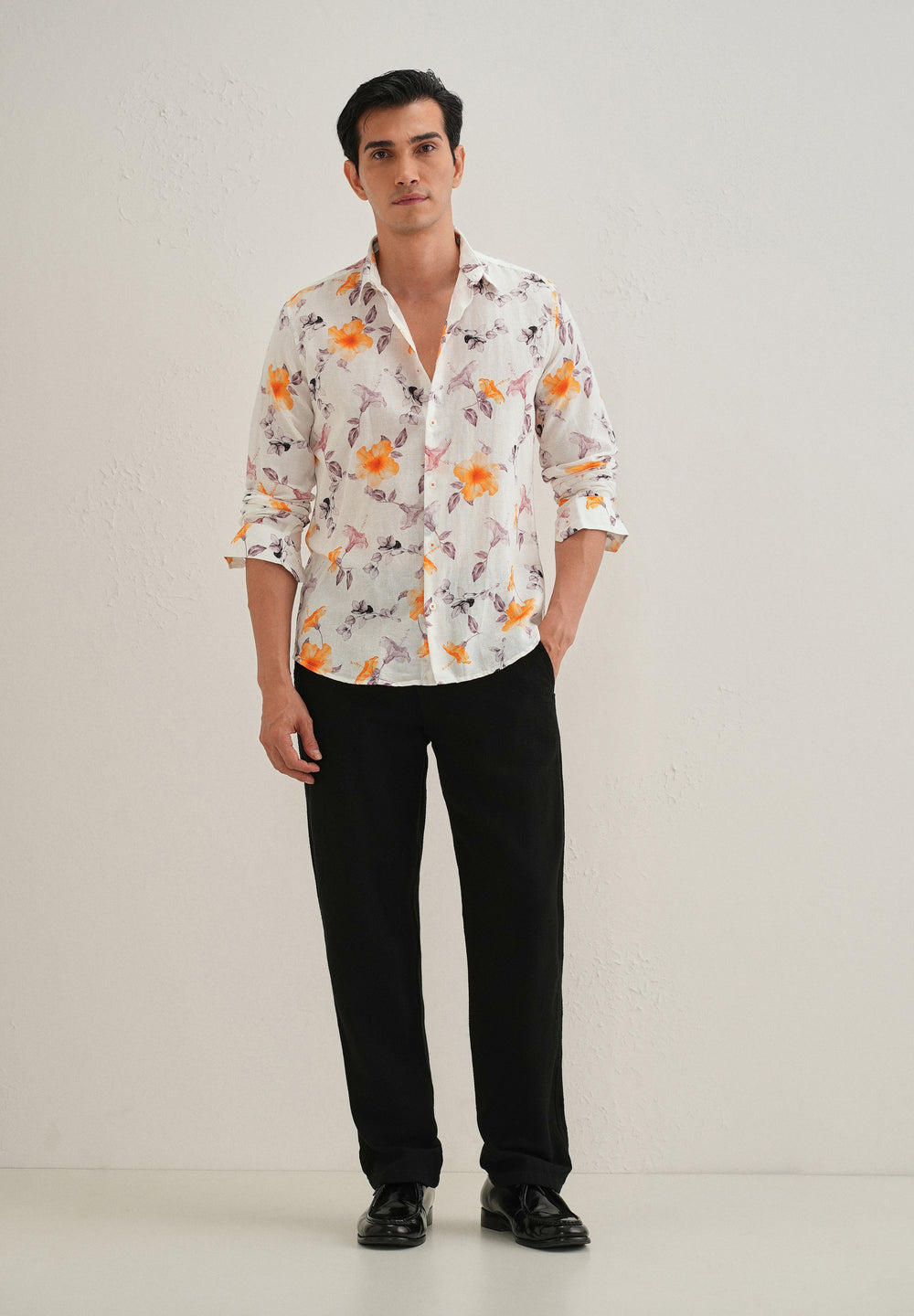 Orange Hibiscus Printed Cotton Linen Shirt