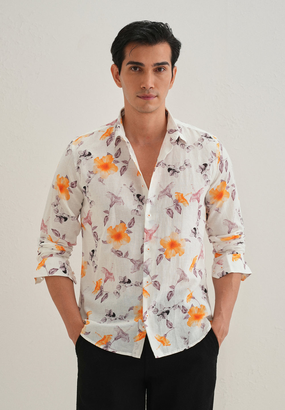 Orange Hibiscus Printed Cotton Linen Shirt