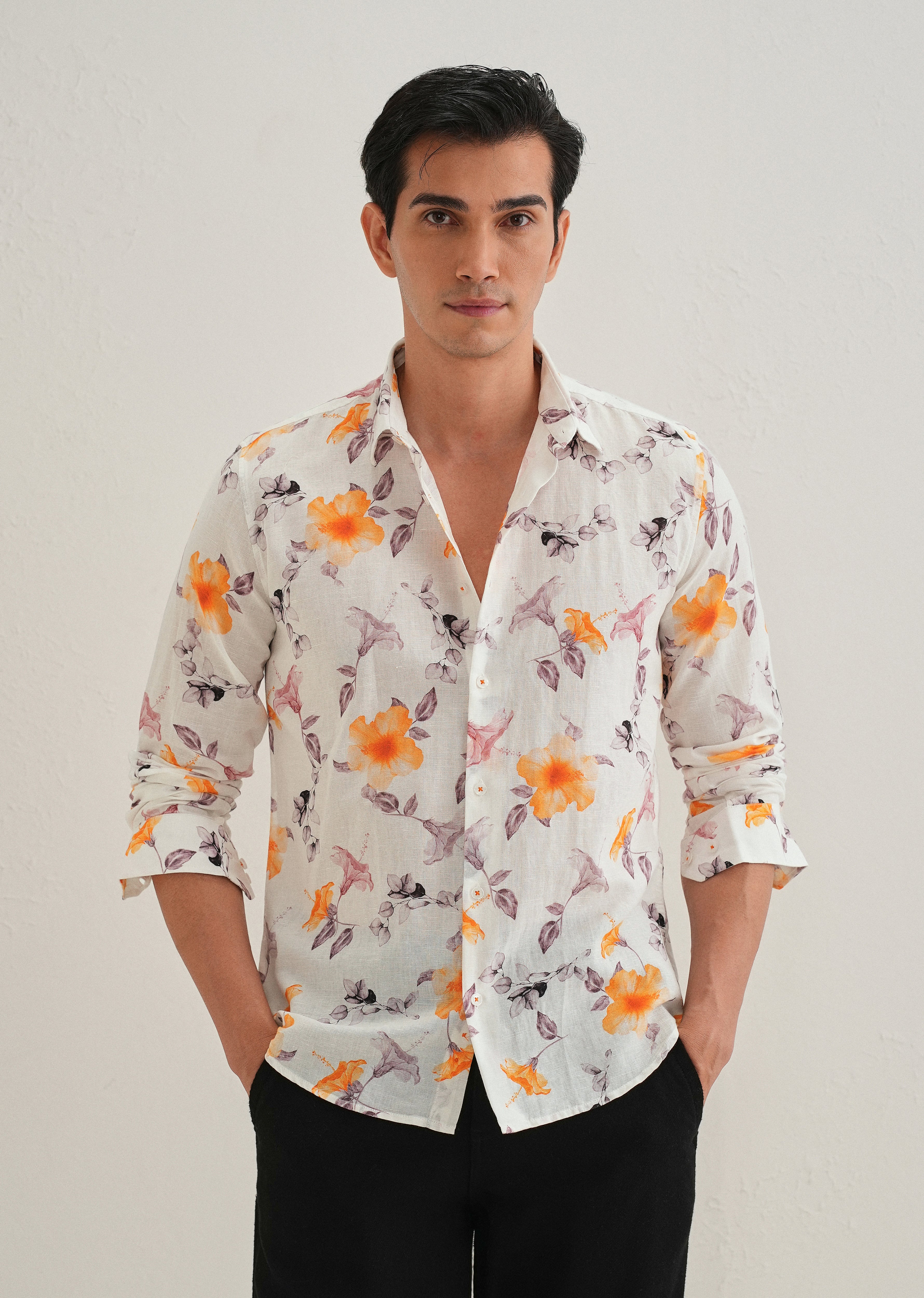 Orange Hibiscus Printed Cotton Linen Shirt