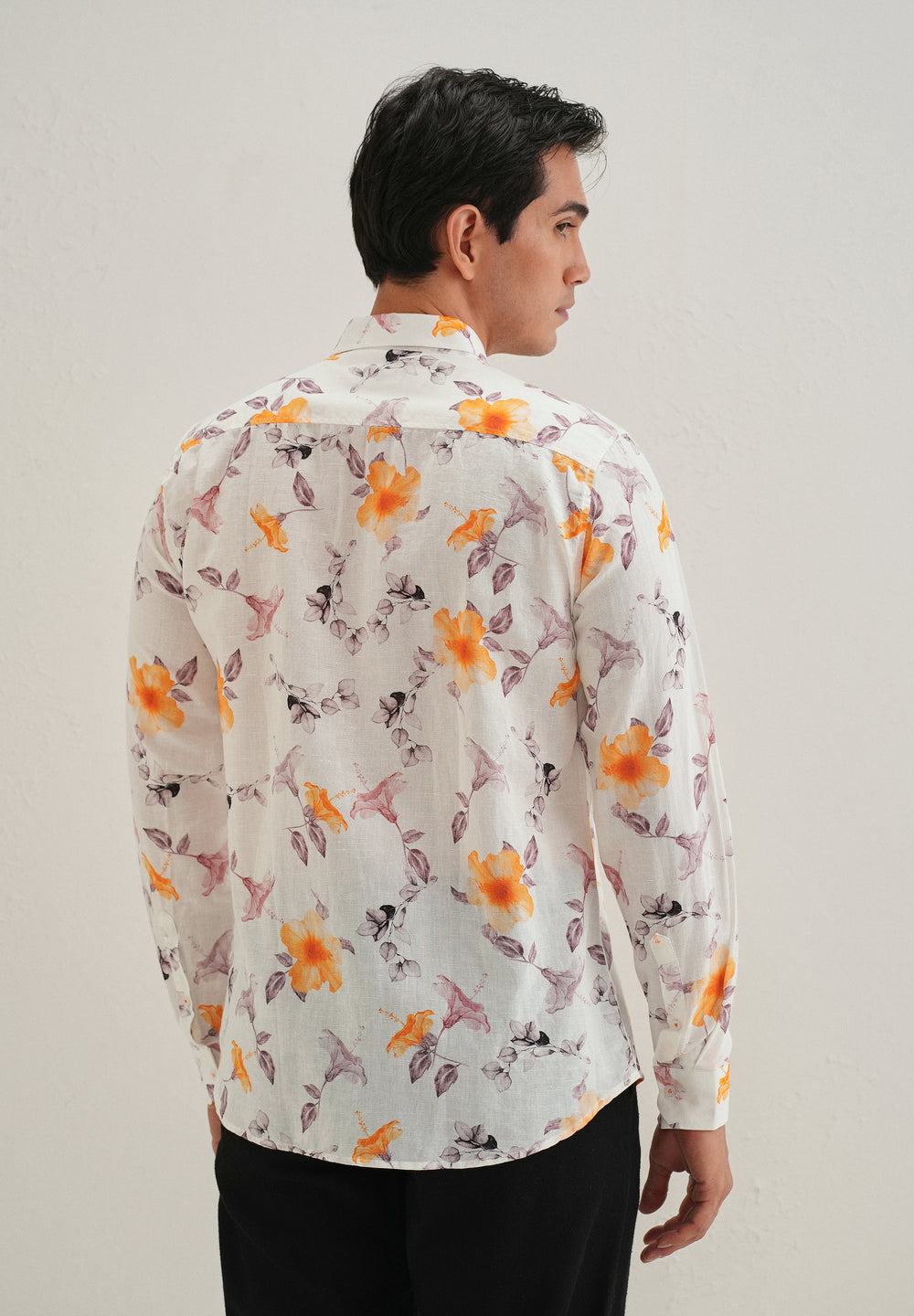 Orange Hibiscus Printed Cotton Linen Shirt