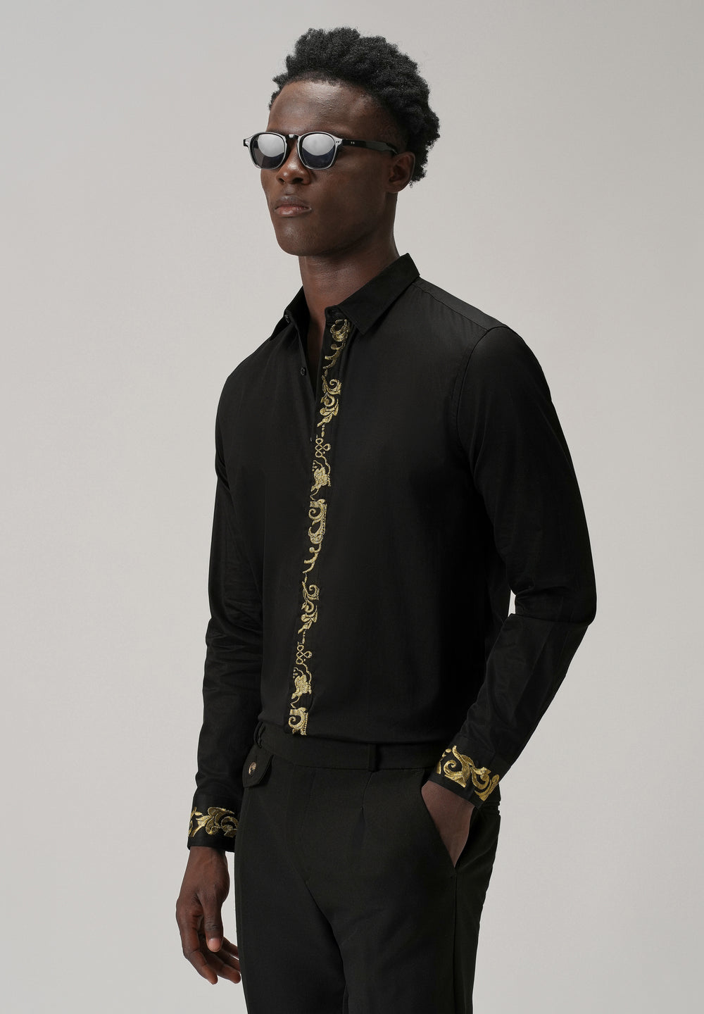 Ornate Embroidered Panel Black Designer Shirt