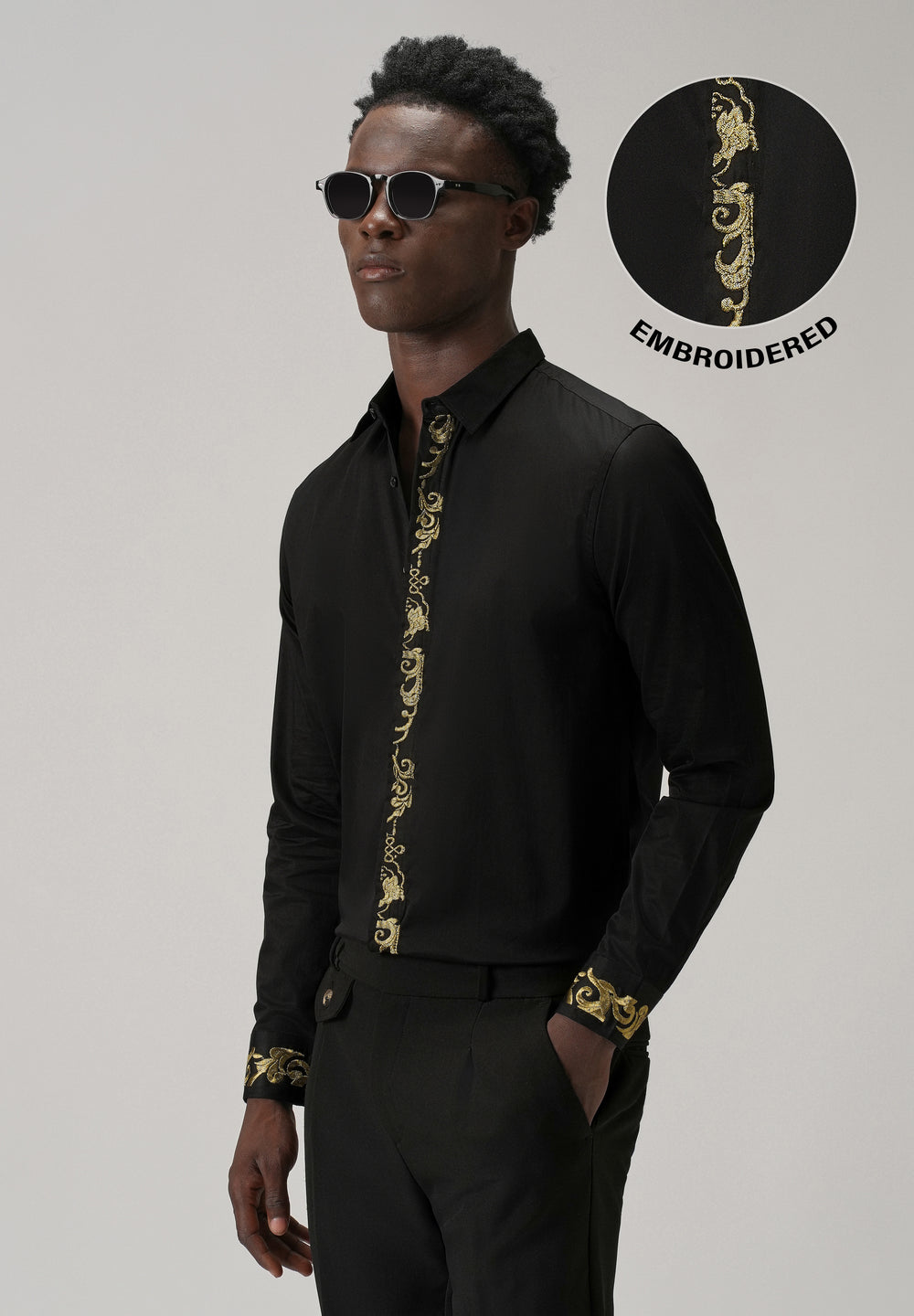 Ornate Embroidered Panel Black Designer Shirt