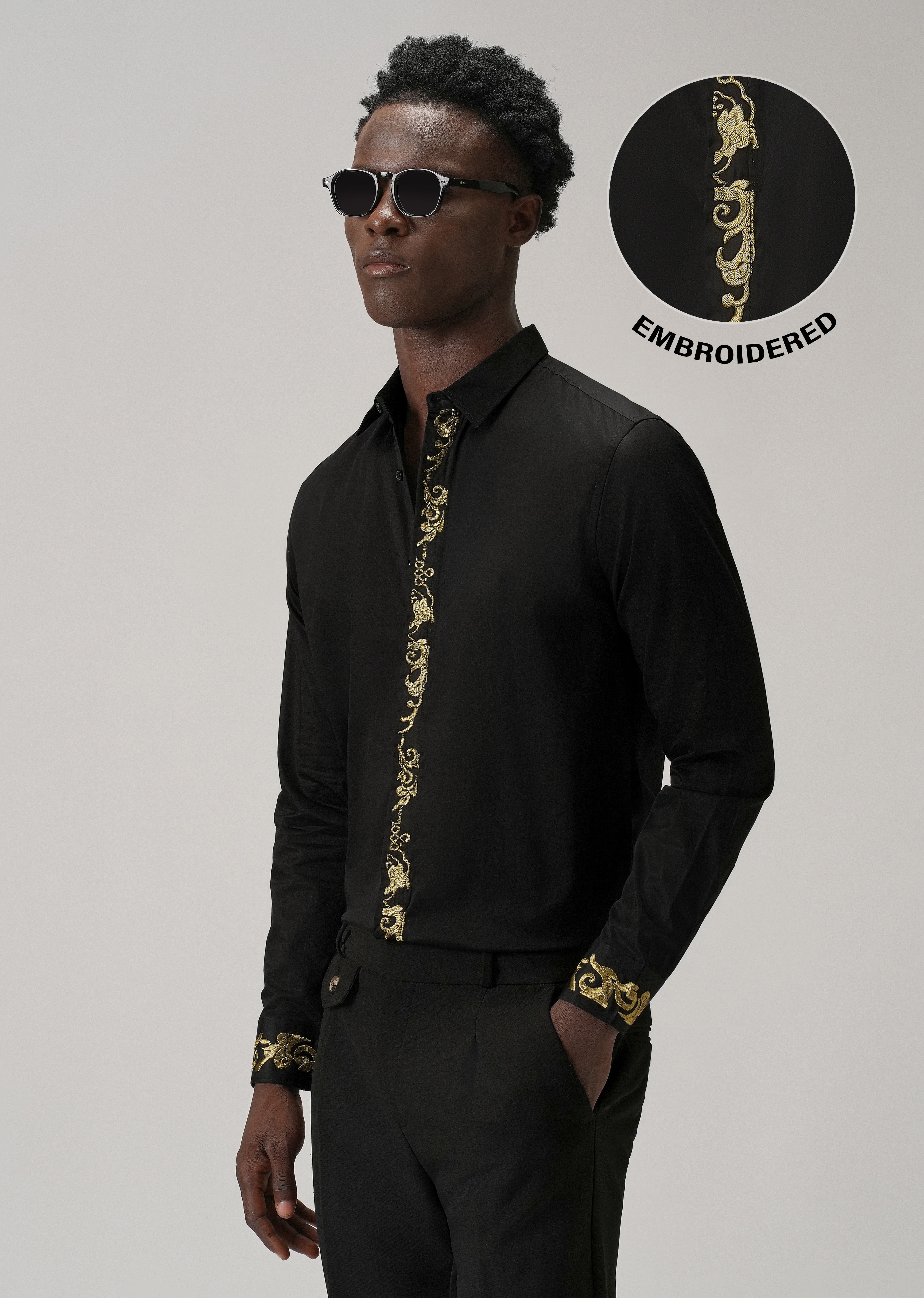 Ornate Embroidered Panel Black Designer Shirt