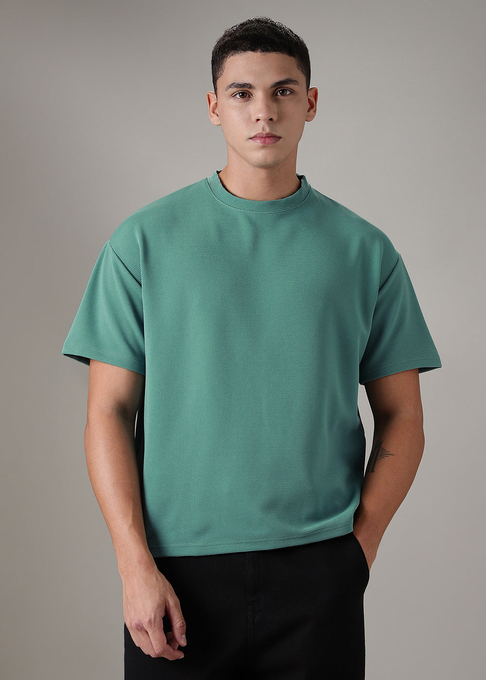 Oversized Bottle Green Textured T-shirt