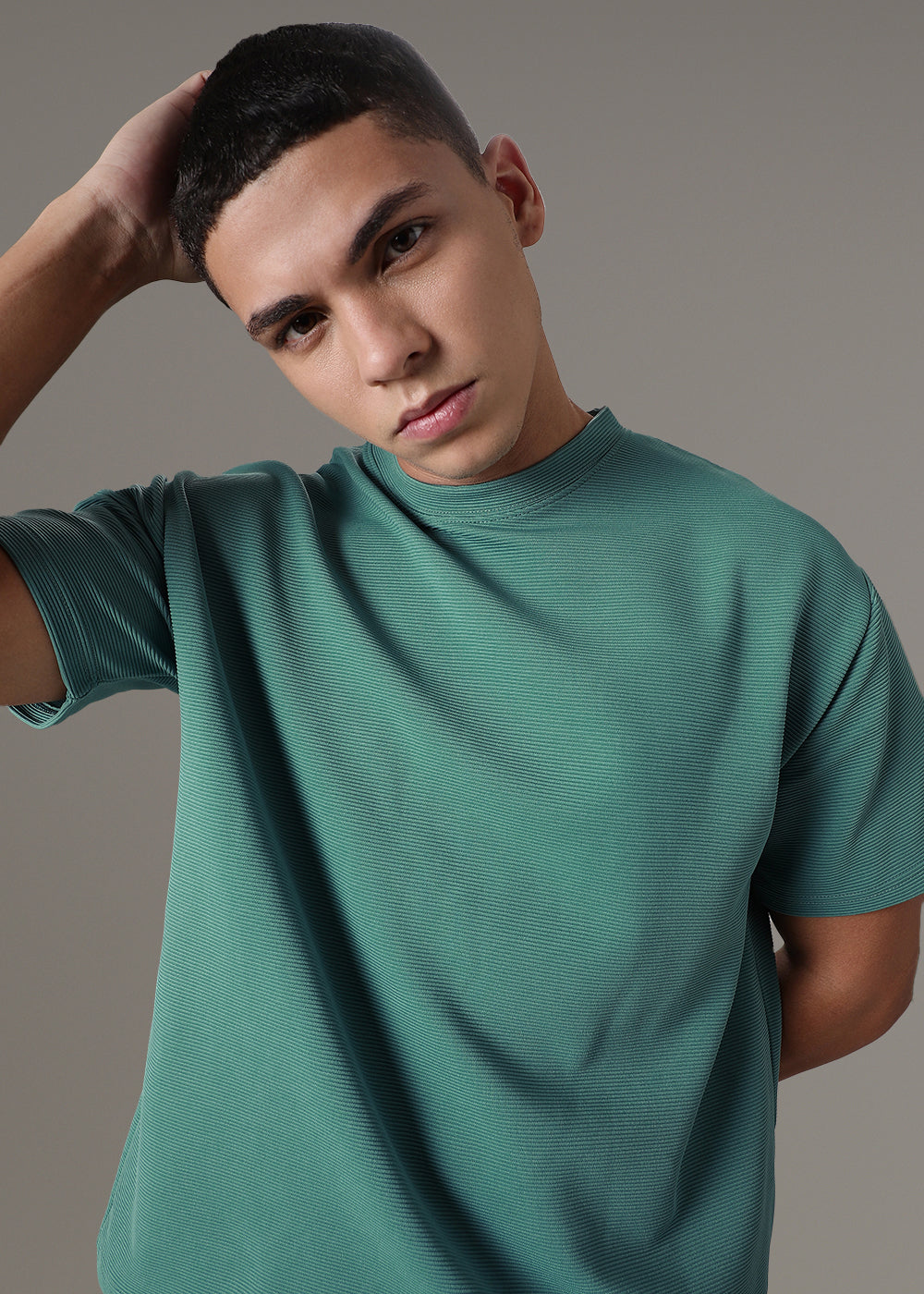 Oversized Bottle Green Textured T-shirt
