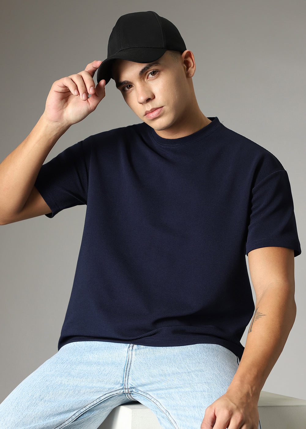 Oversized Navy Blue Textured T-shirt