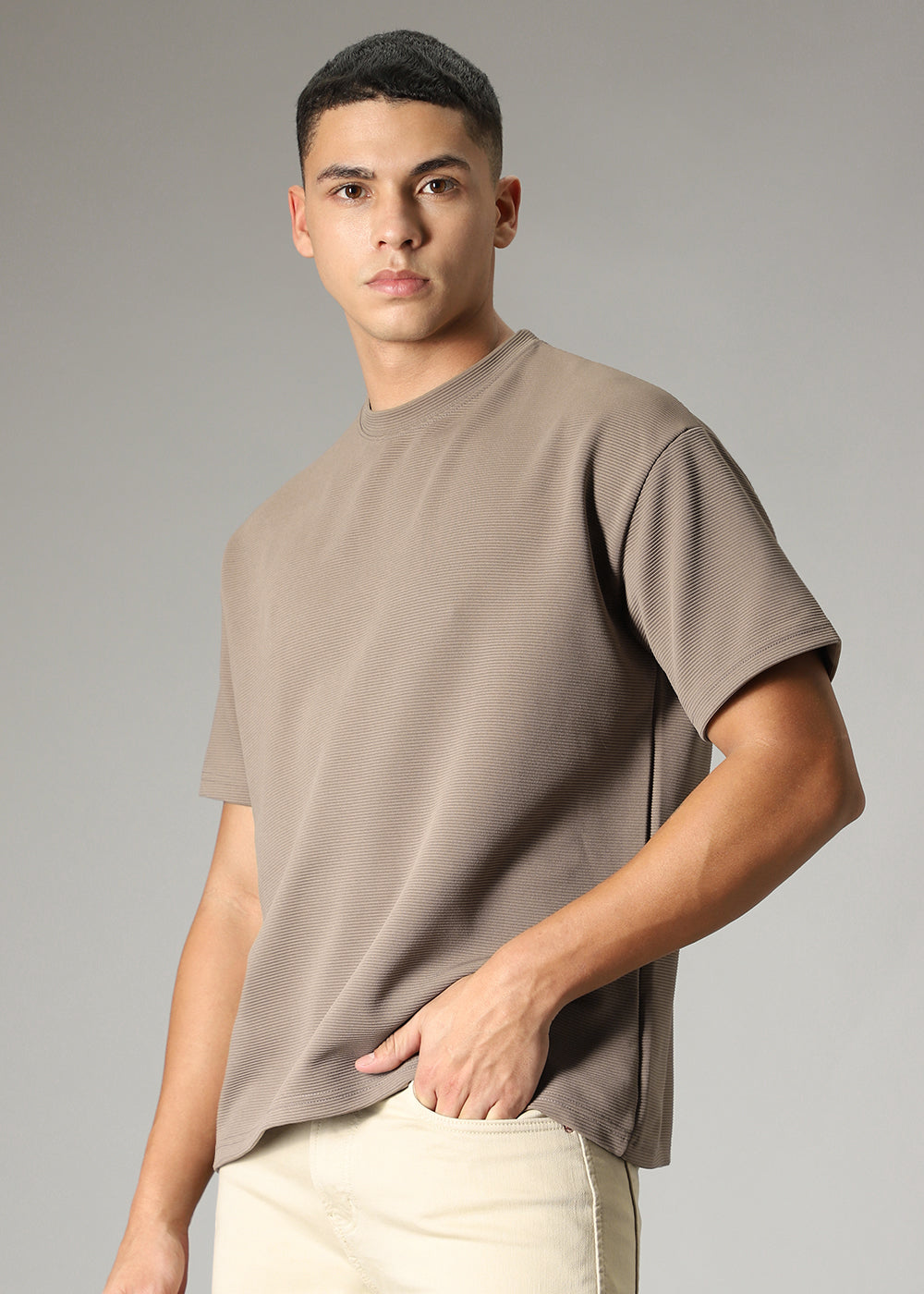 Oversized Tan Brown Textured T-shirt