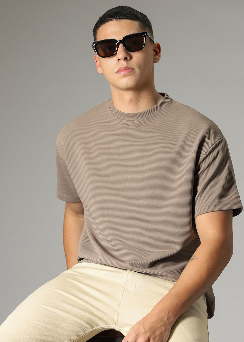 Oversized Tan Brown Textured T-shirt