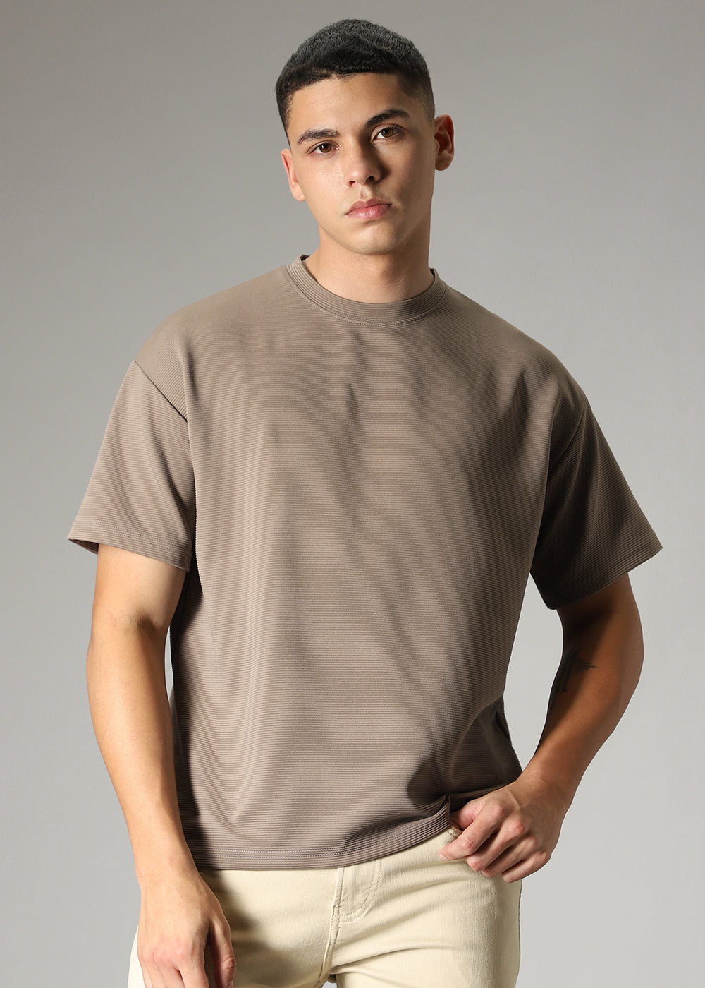 Oversized Tan Brown Textured T-shirt