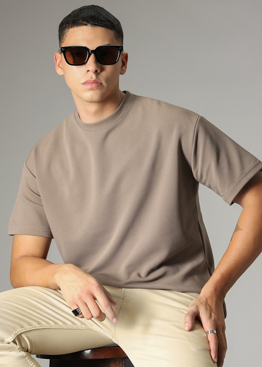 Oversized Tan Brown Textured T-shirt