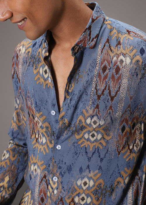 Pacific Blue Printed Feather Shirt