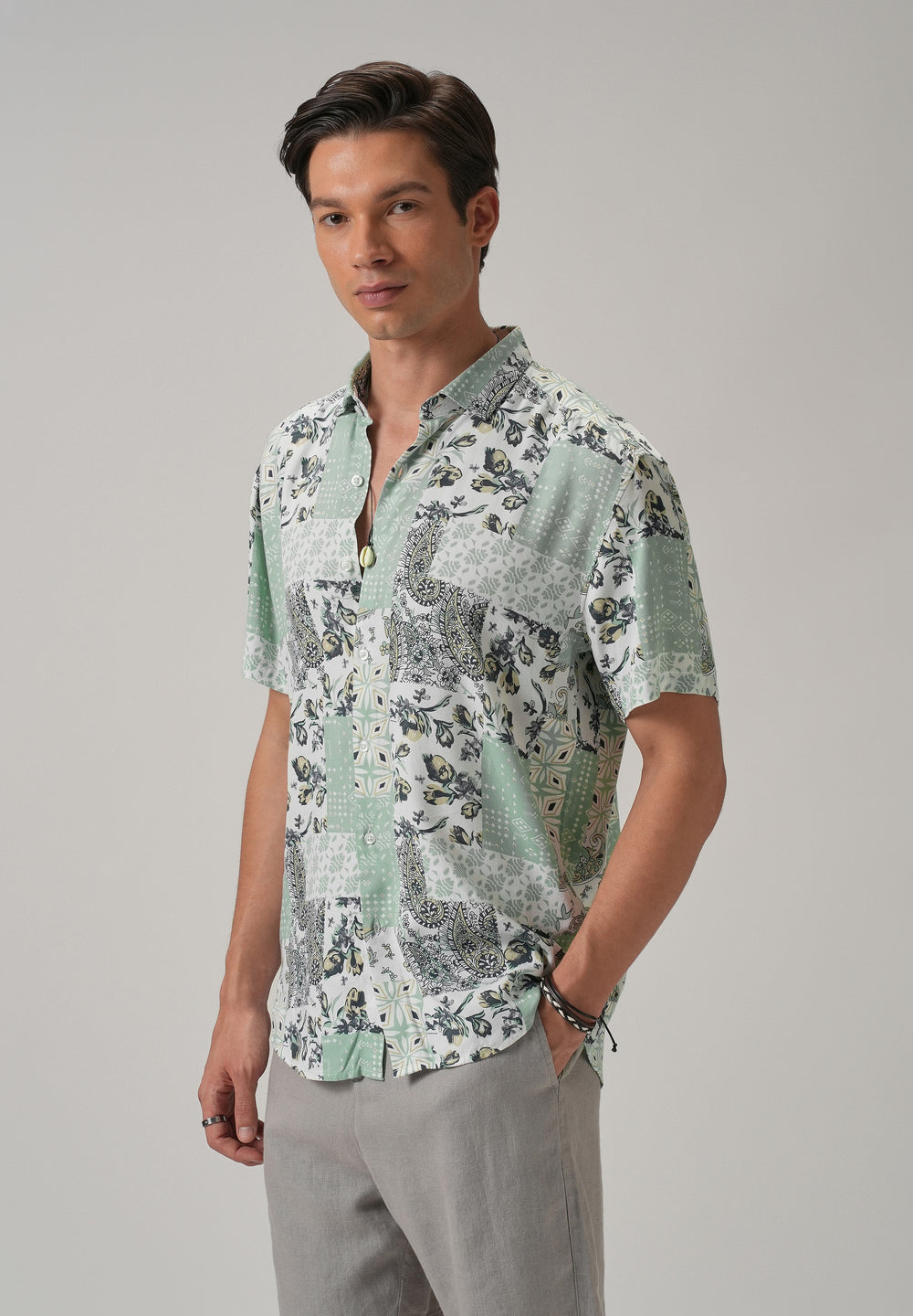 Paisley Mint Green Print Half Sleeve Shirt