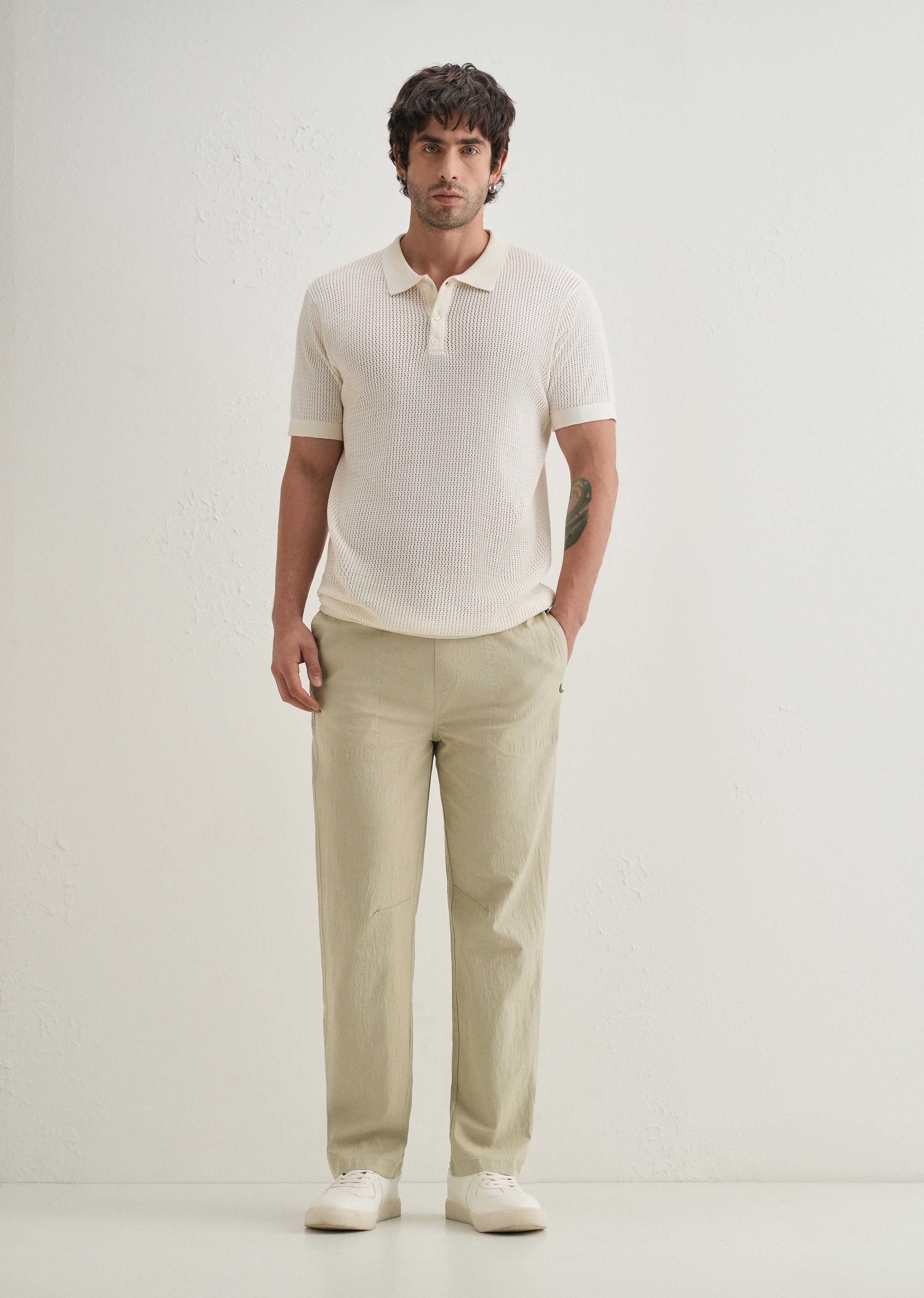 Pale Khaki Drawstring Cotton Linen Pant