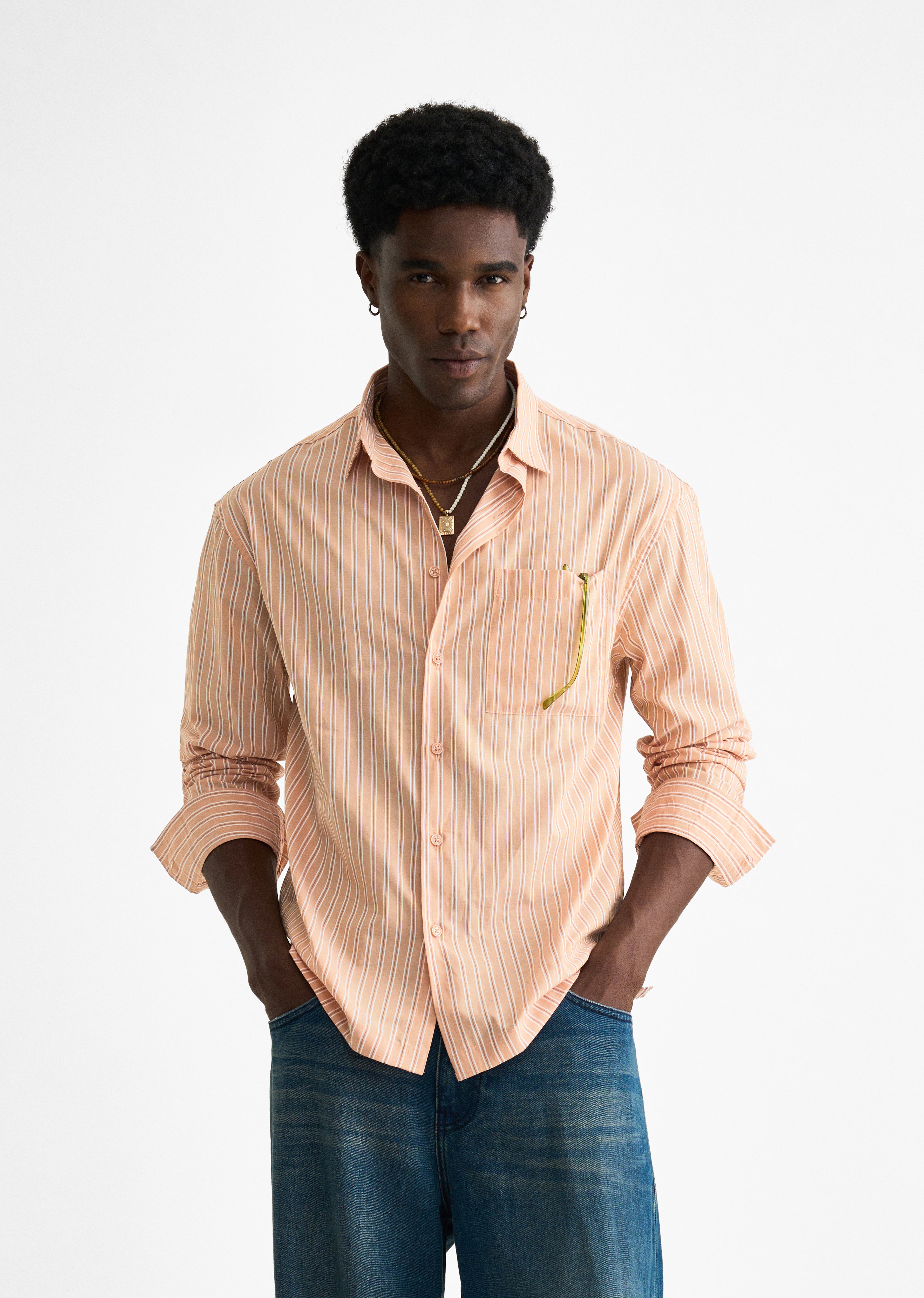 Pale Orange Cotton Striped Boxy Shirt