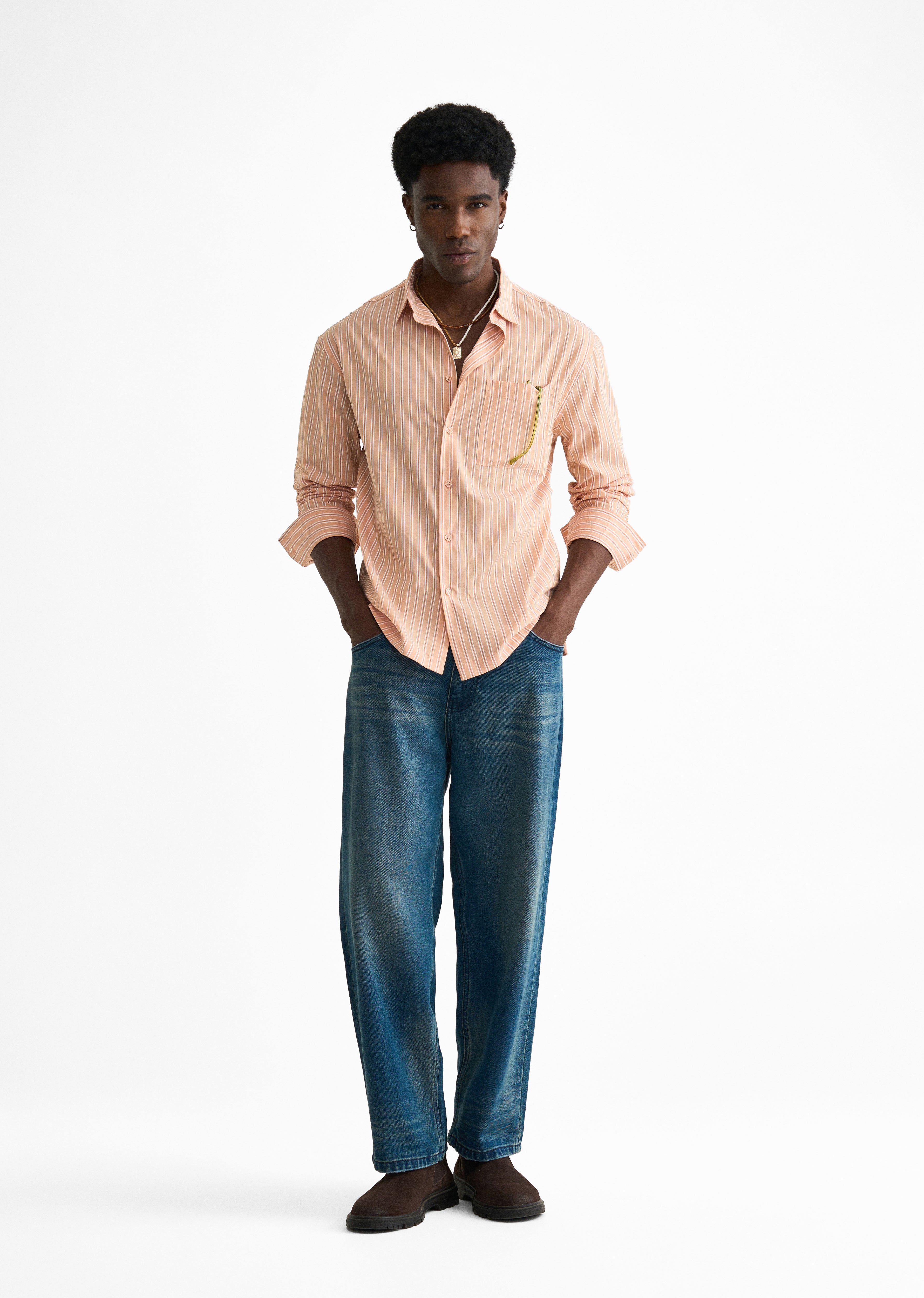 Pale Orange Cotton Striped Boxy Shirt