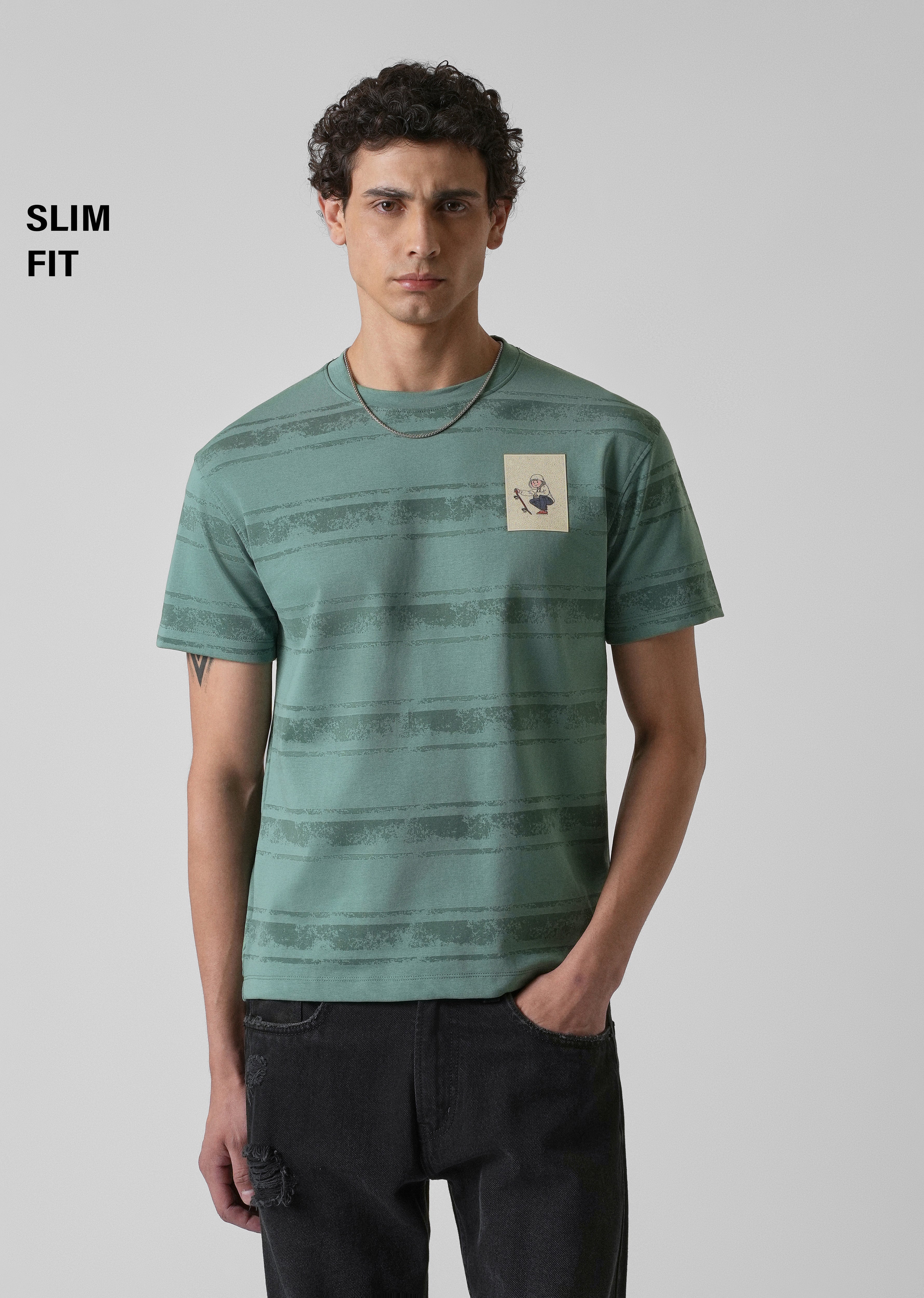 Green Horizontal Strip Printed Slim Fit T-shirt