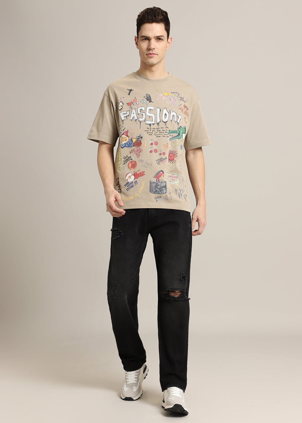 Passion Beige Printed Oversized T-shirt