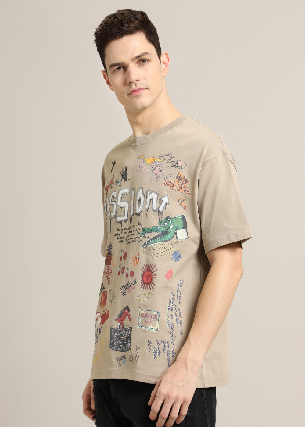 Passion Beige Printed Oversized T-shirt