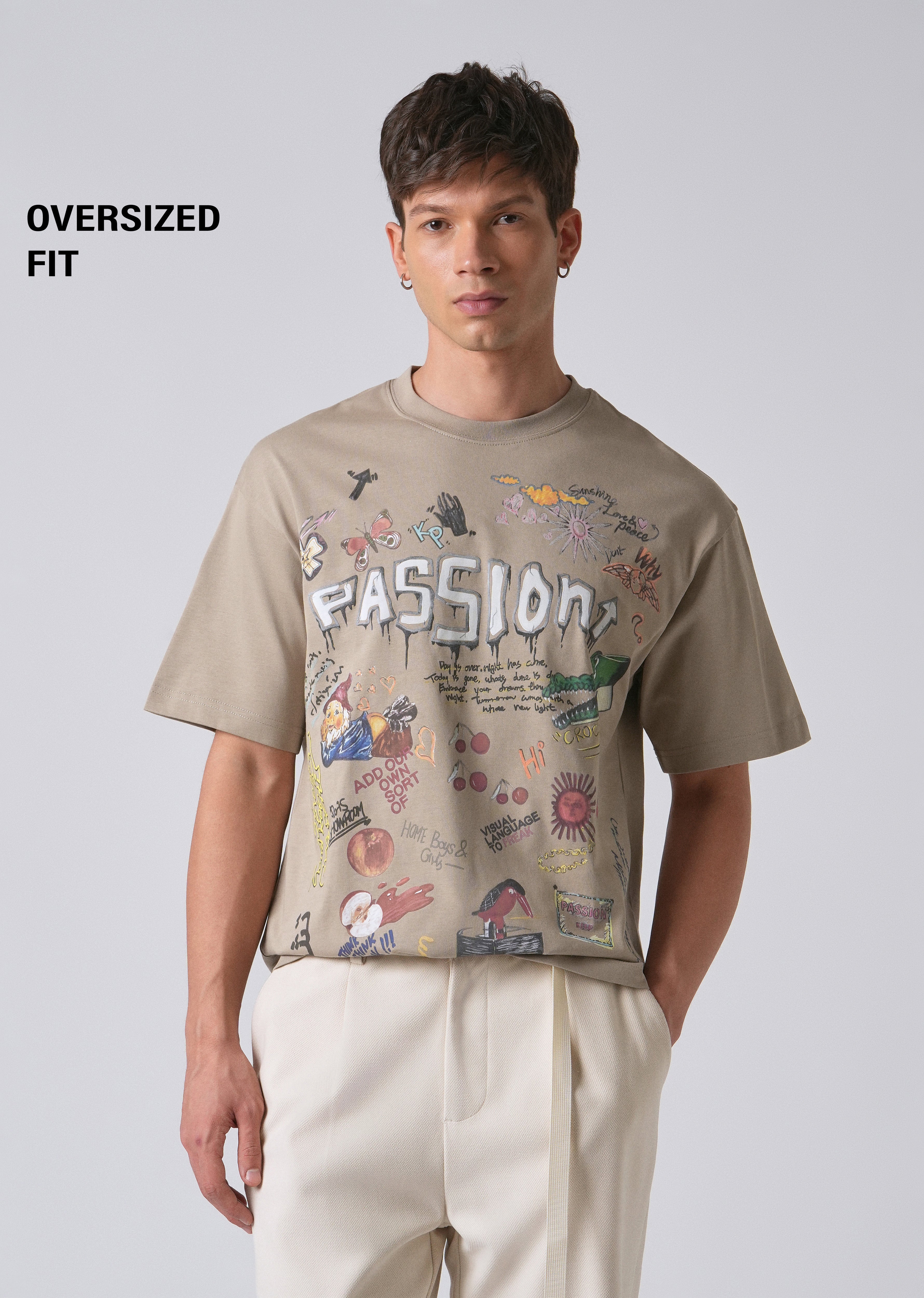 Passion Beige Printed Oversized T-shirt