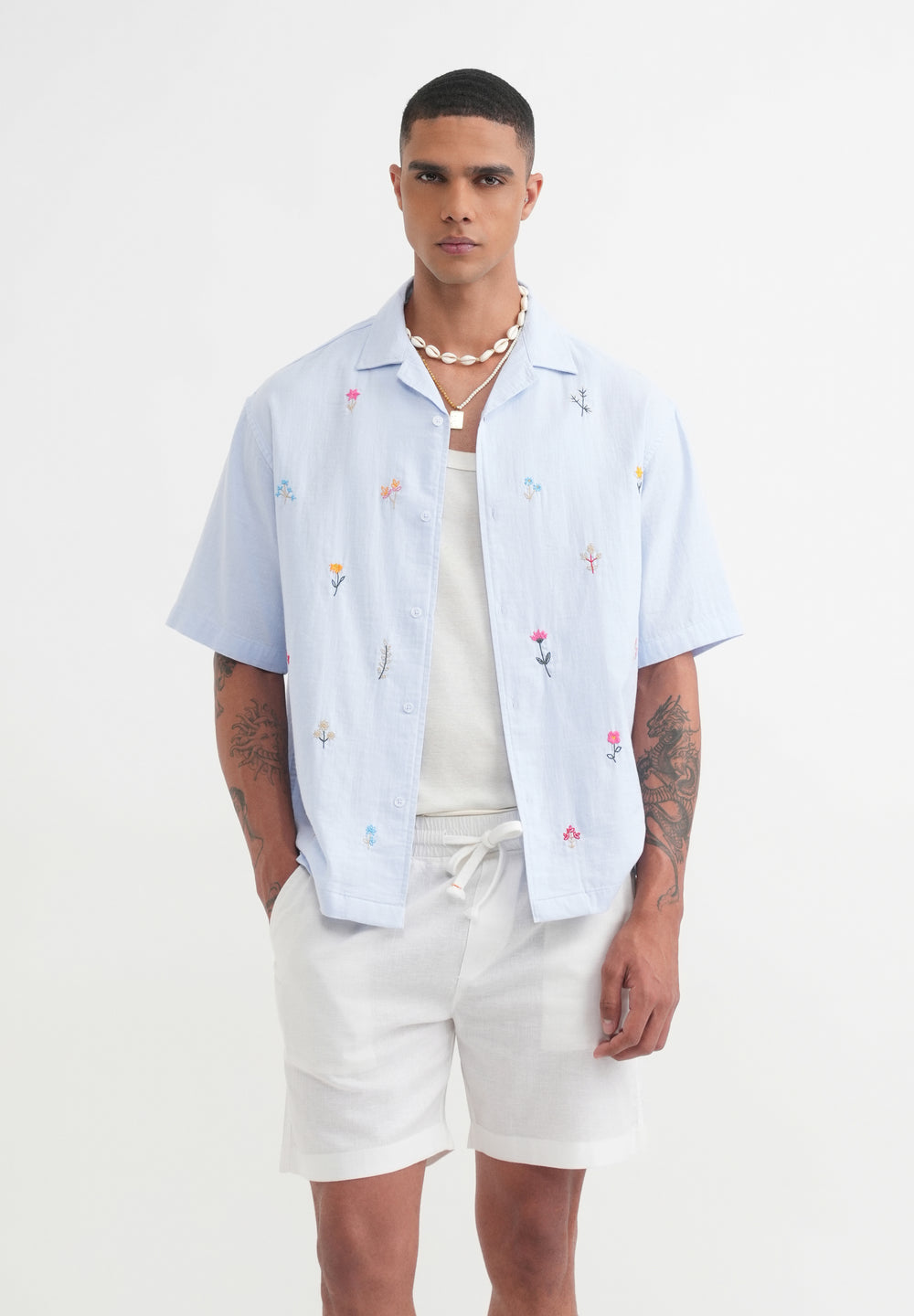Pastel Blue Floral Embroidery Shirt