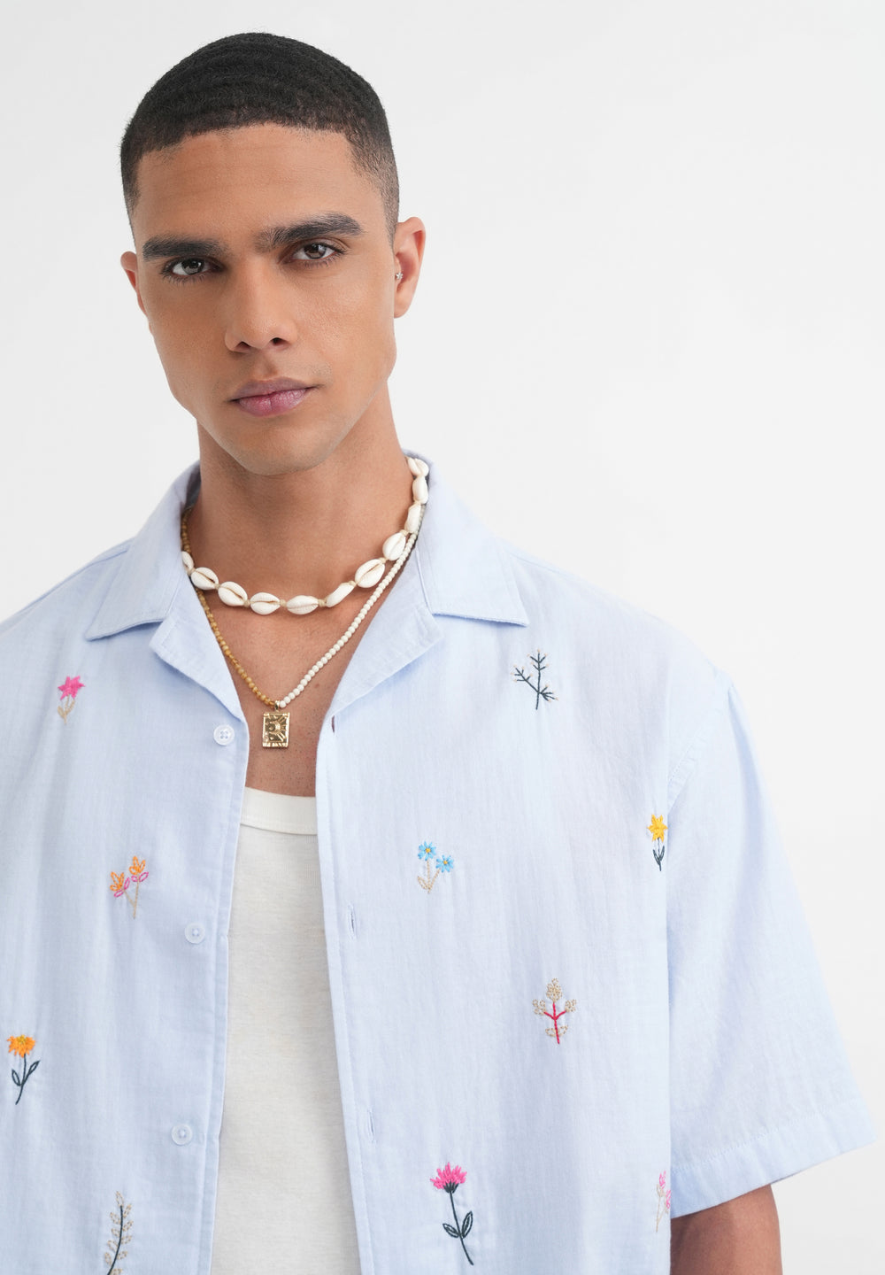Pastel Blue Floral Embroidery Shirt