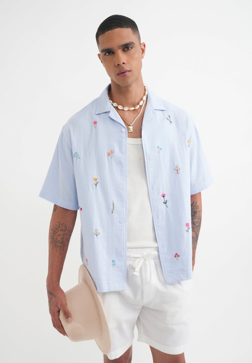 Pastel Blue Floral Embroidery Shirt