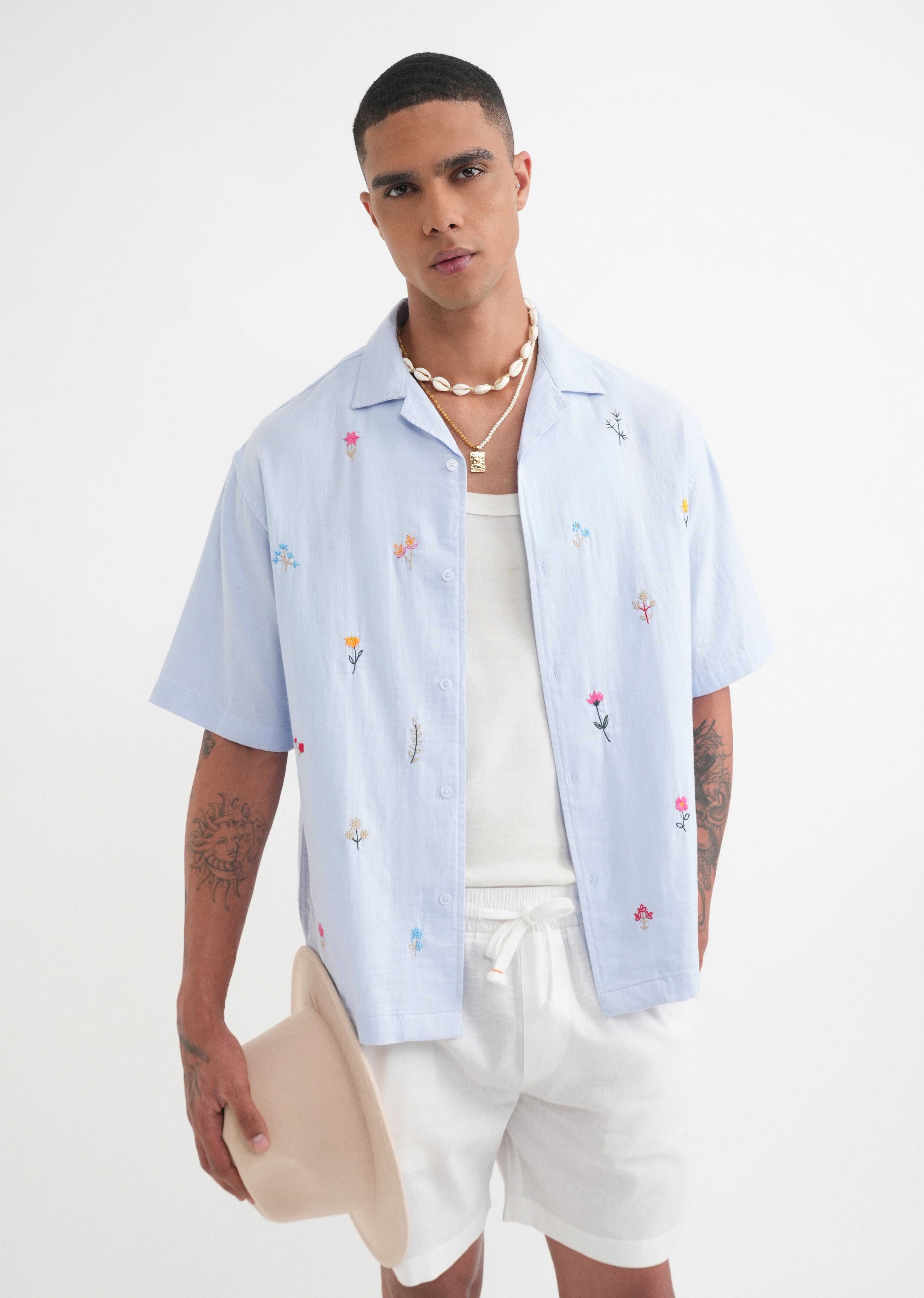 Pastel Blue Floral Embroidery Shirt