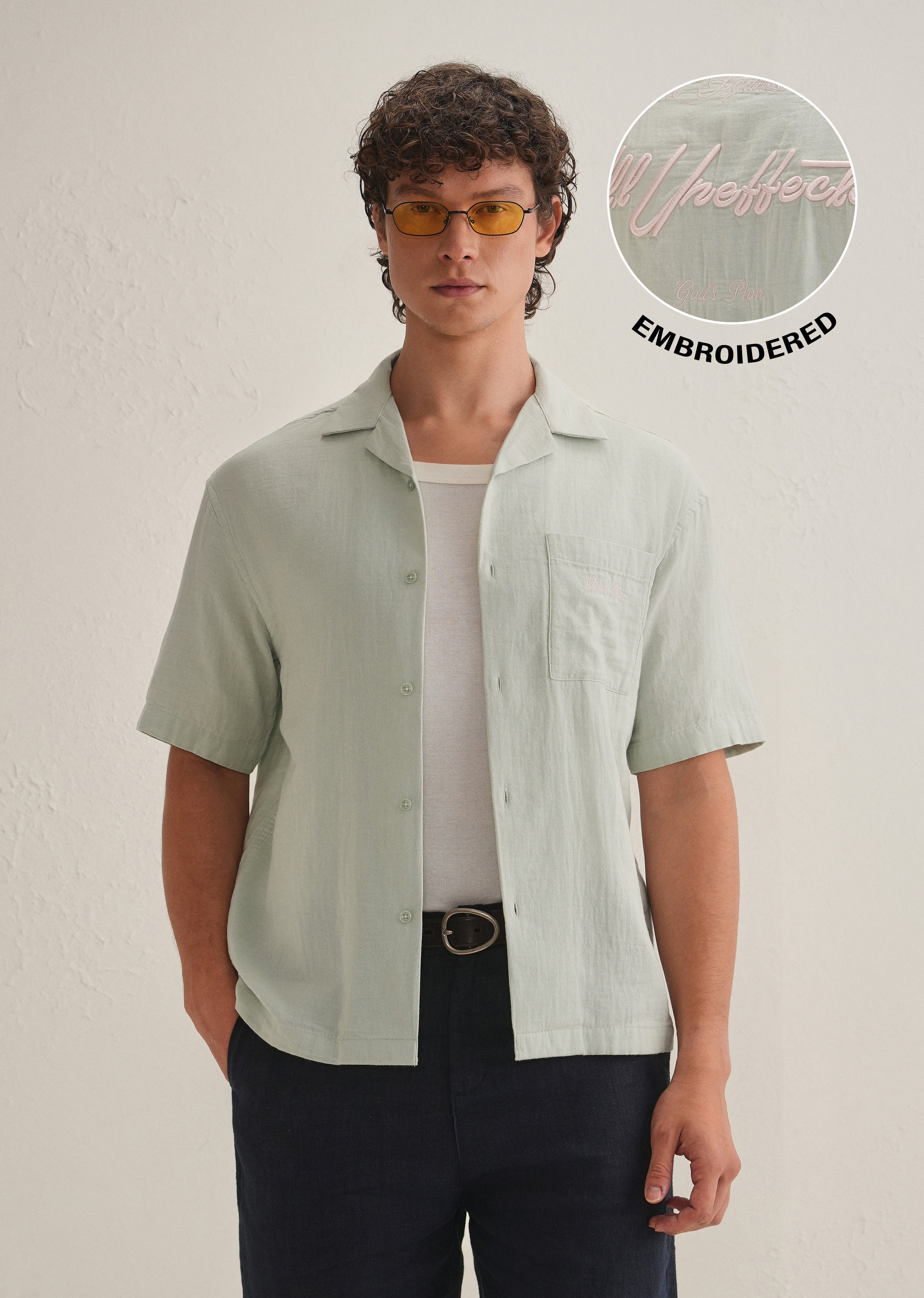 Pastel Green Embroidered Double Cloth Cotton Shirt