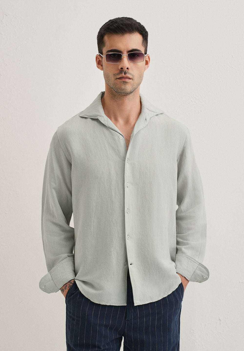 Pastel Grey Plain Linen Viscose Shirt